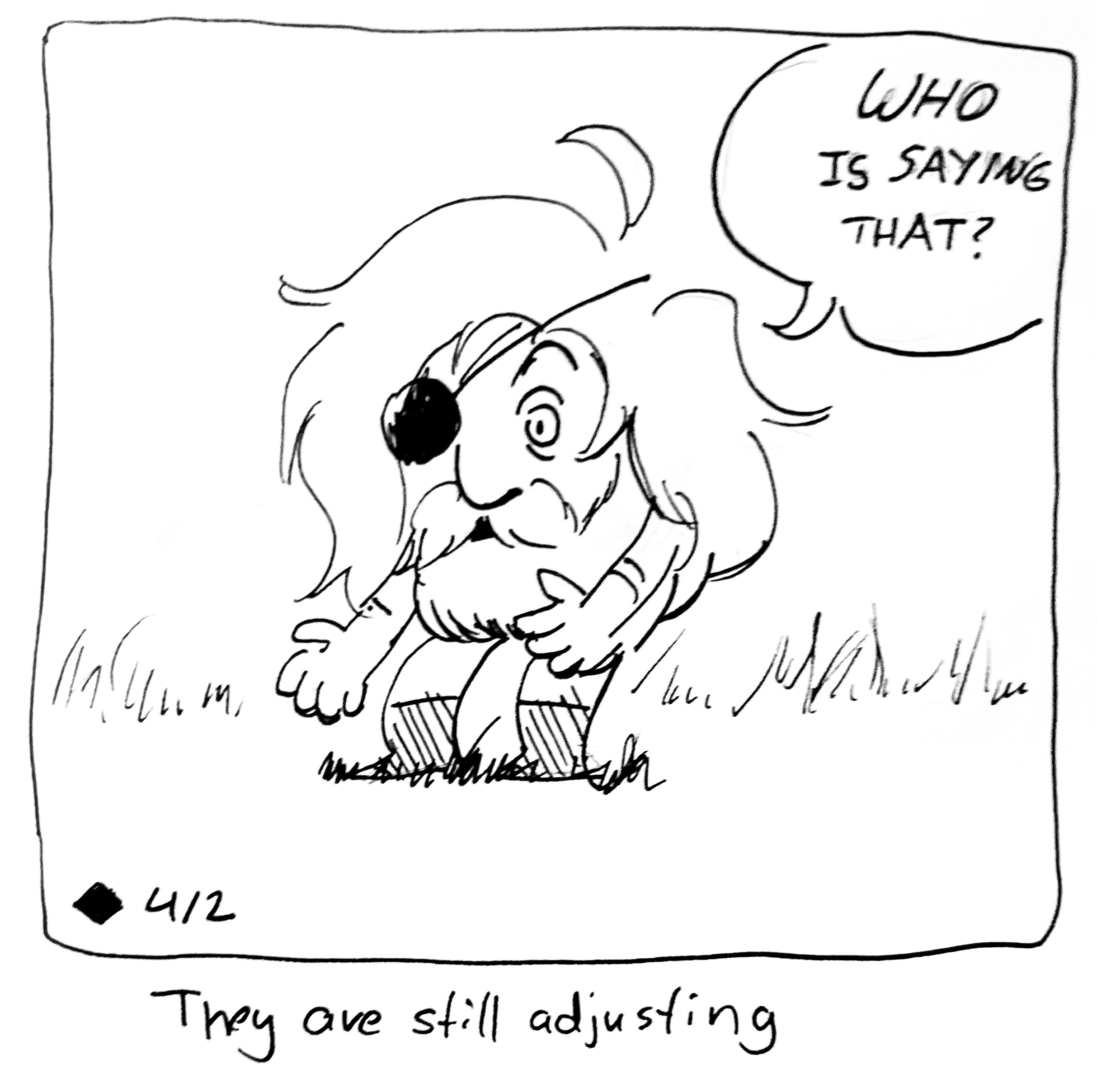 The Mercenary looks scared listening to the narrator and says "Who is saying that?" The caption reads "They are still adjusting"