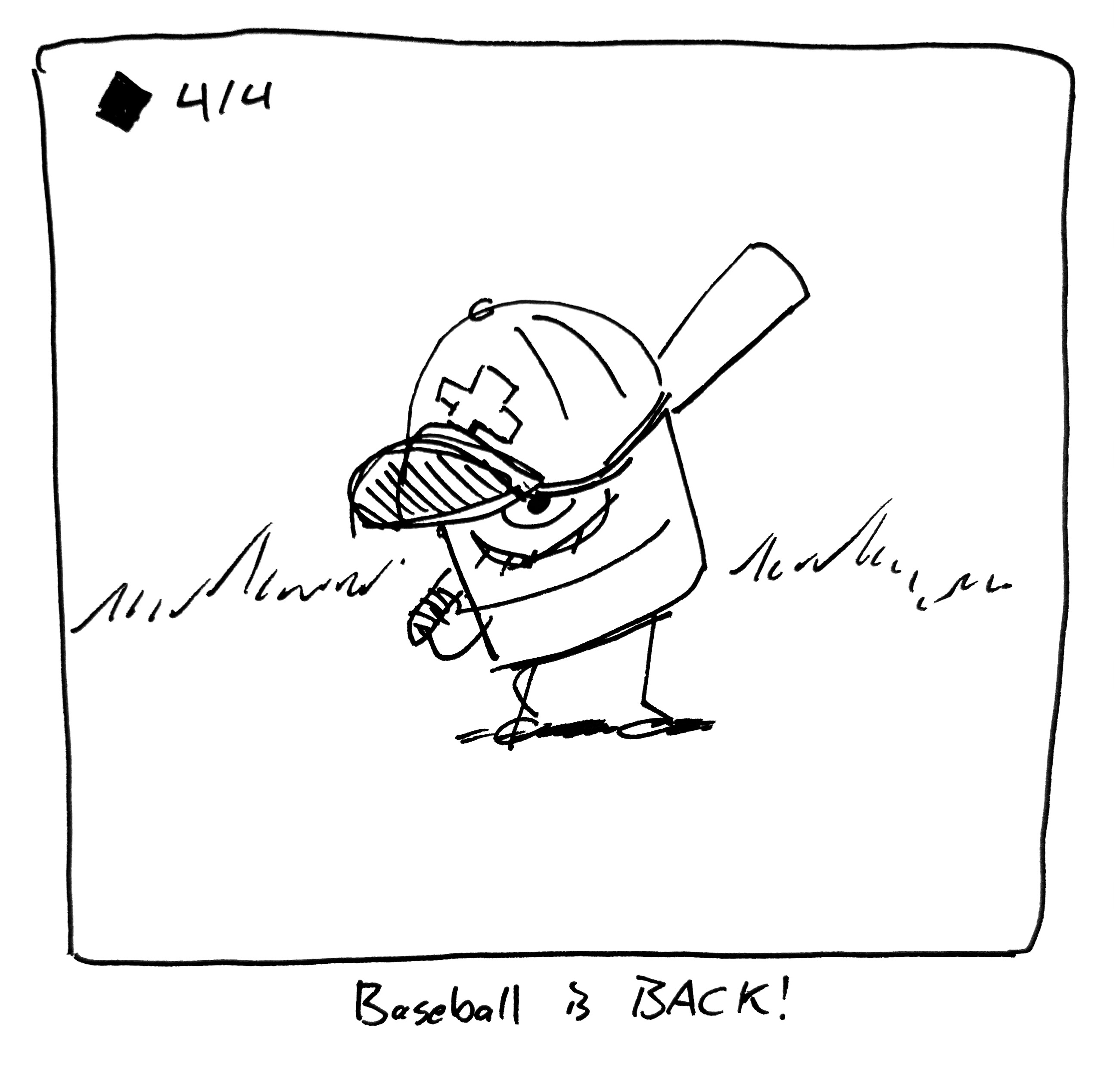 The little guy wears a baseball cap and holds a bat. The caption reads "baseball is back!"