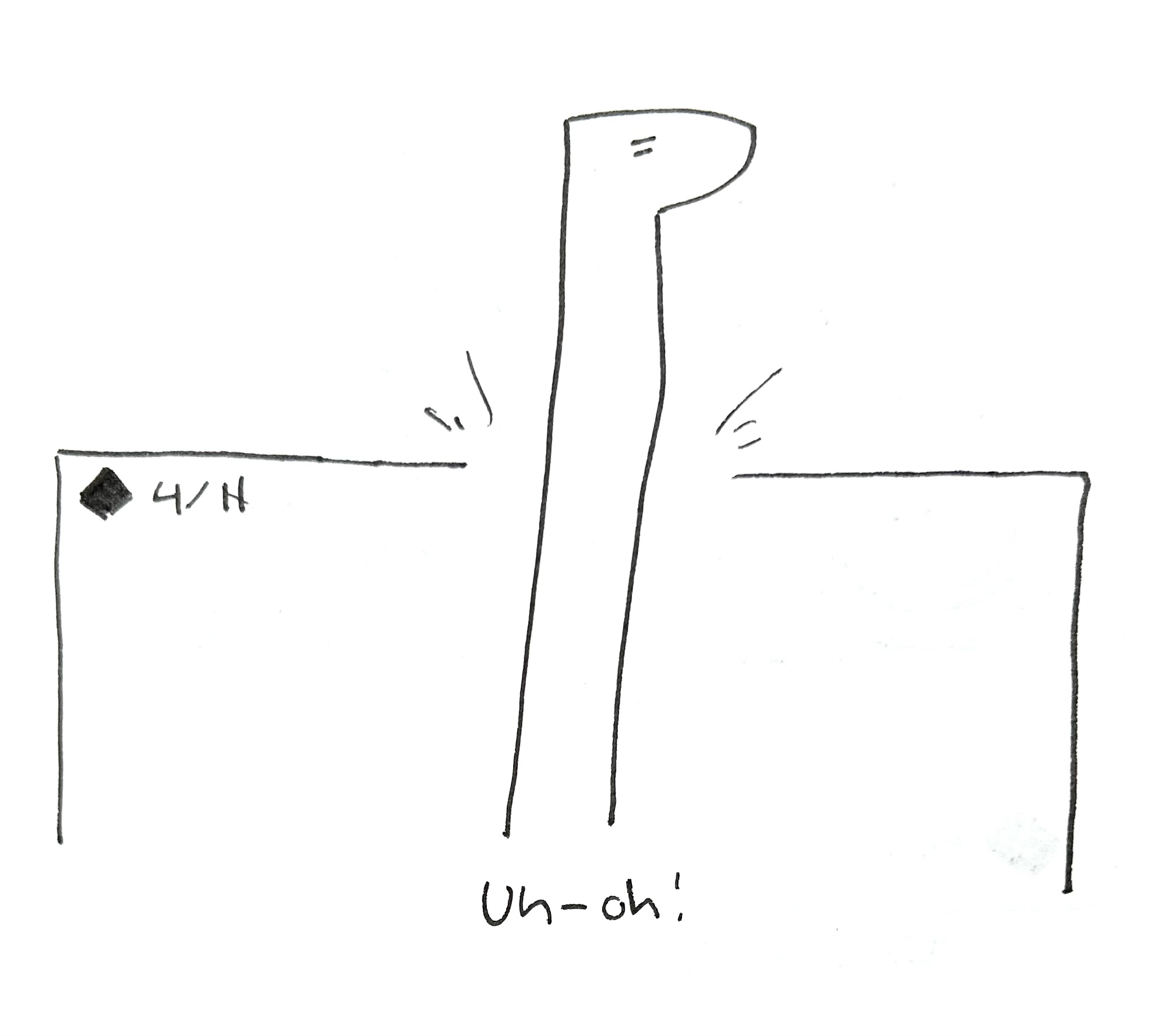 The tall one breaks through the top of the panel. The caption reads "uh-oh!"