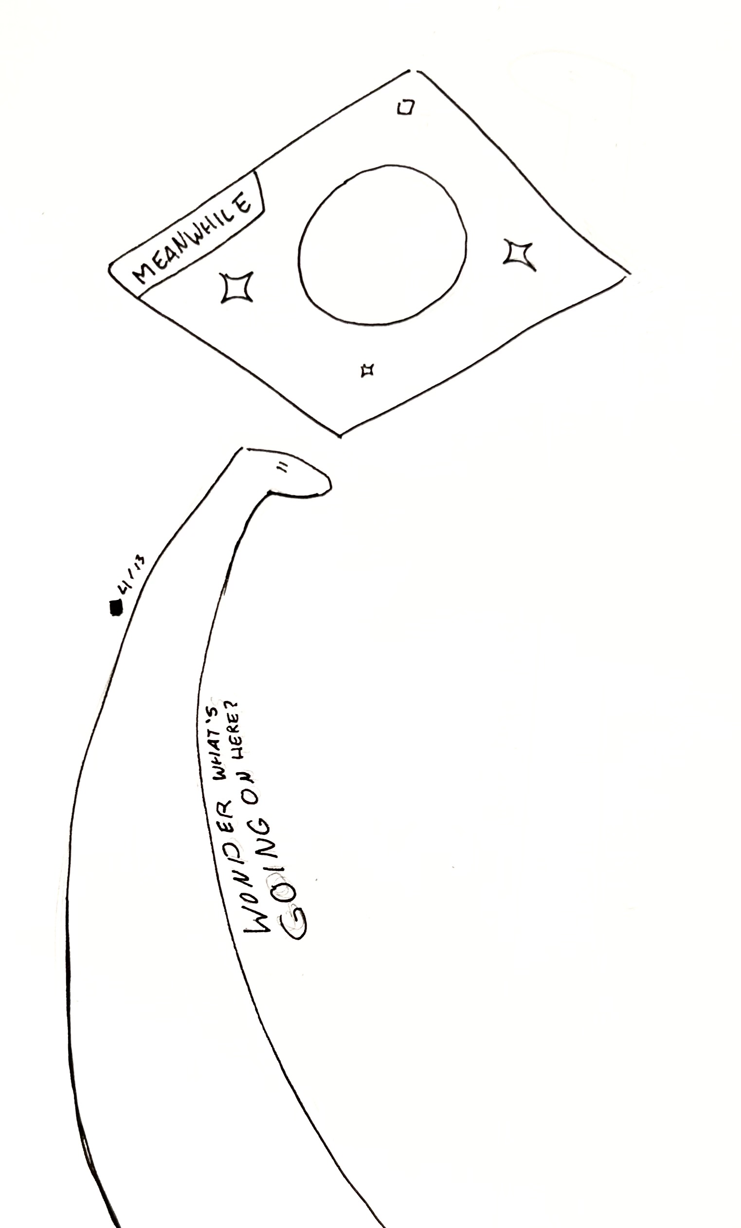 The tall one extends into a new panel of a planet in space with a text box labeled "Meanwhile". The caption reads "Wonder what's going on here?"