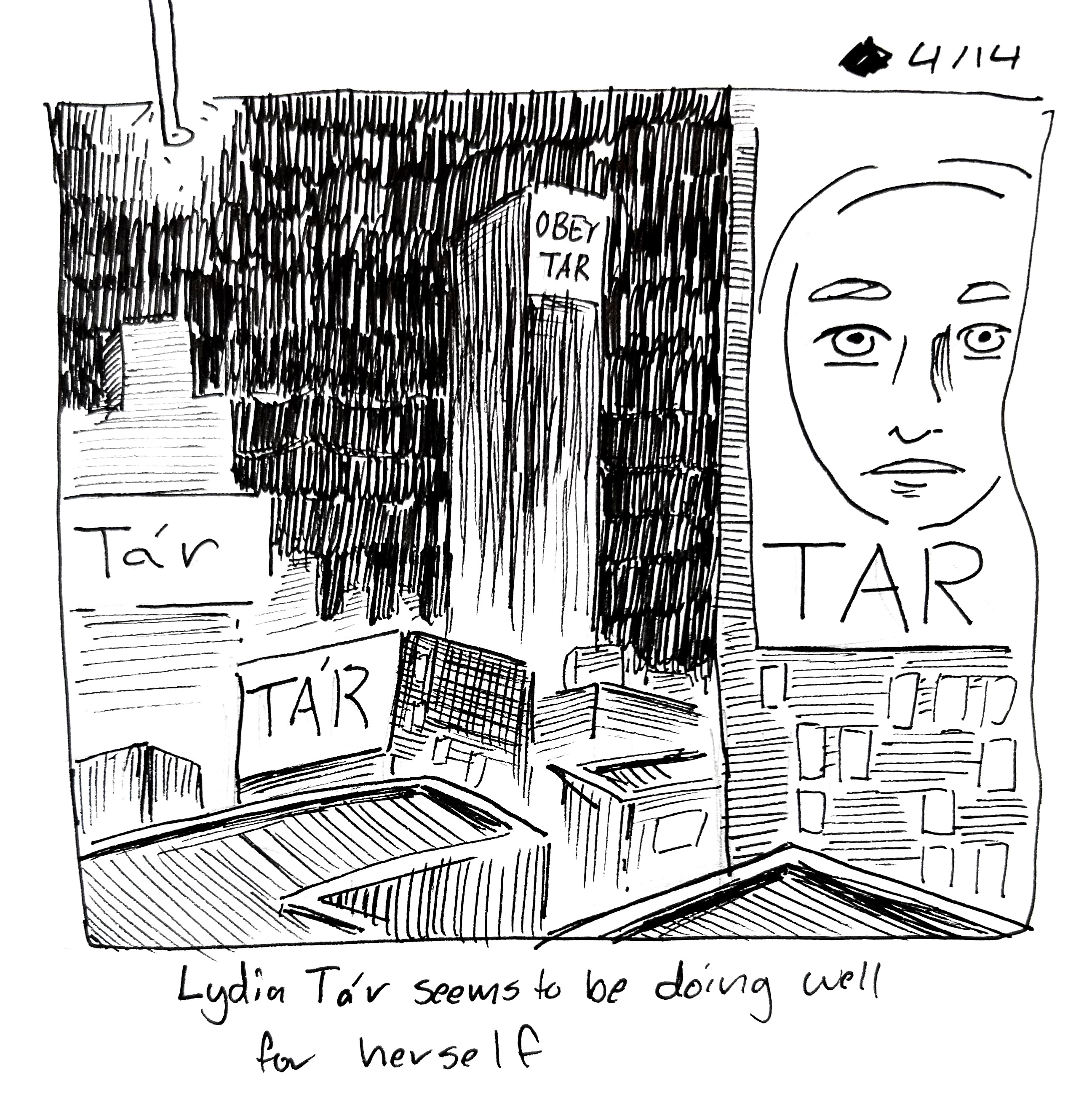 The tall one crashes into a comic panel featuring a big brother-style dystopia ruled by Lydia Tár. The caption reads "Lydia Tár seems to be doing well for herself"