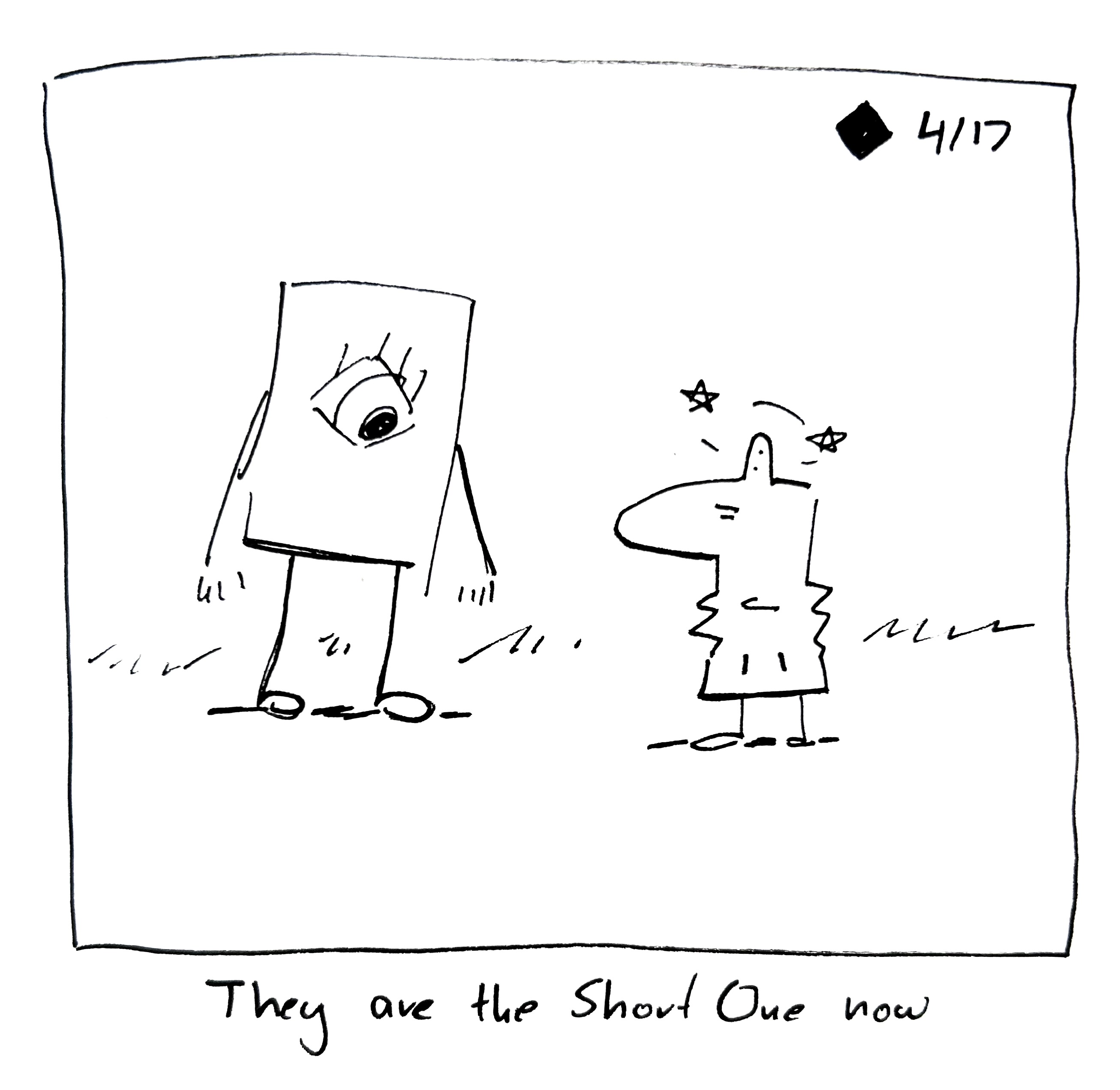 The Tall one waddles over to the little guy with a bump in their head. The bonk from before has compressed them. The caption reads "they are the short one now"