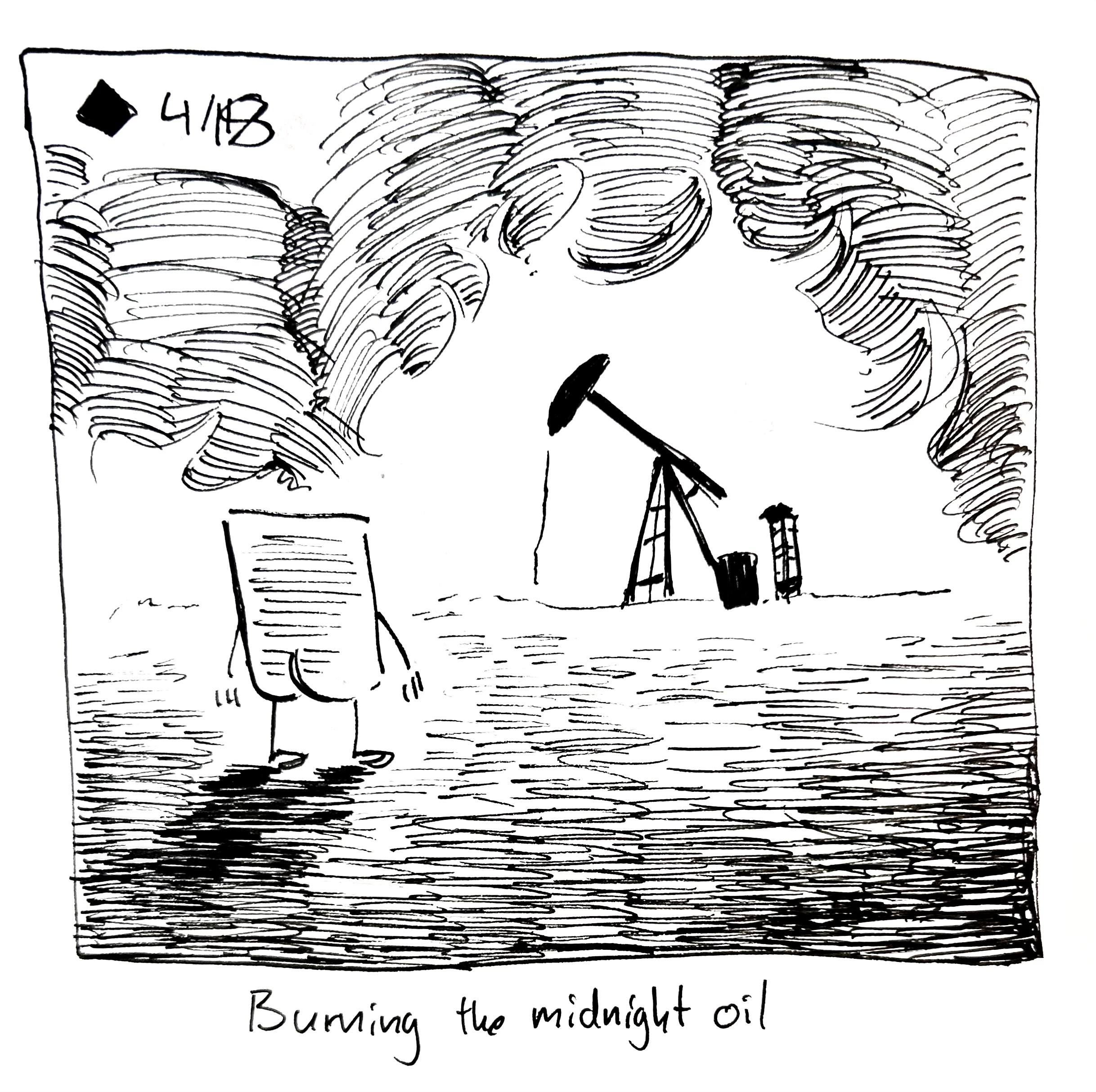 The little guy stands in front of a burning oil derrick. The caption reads "burning the midnight oil"
