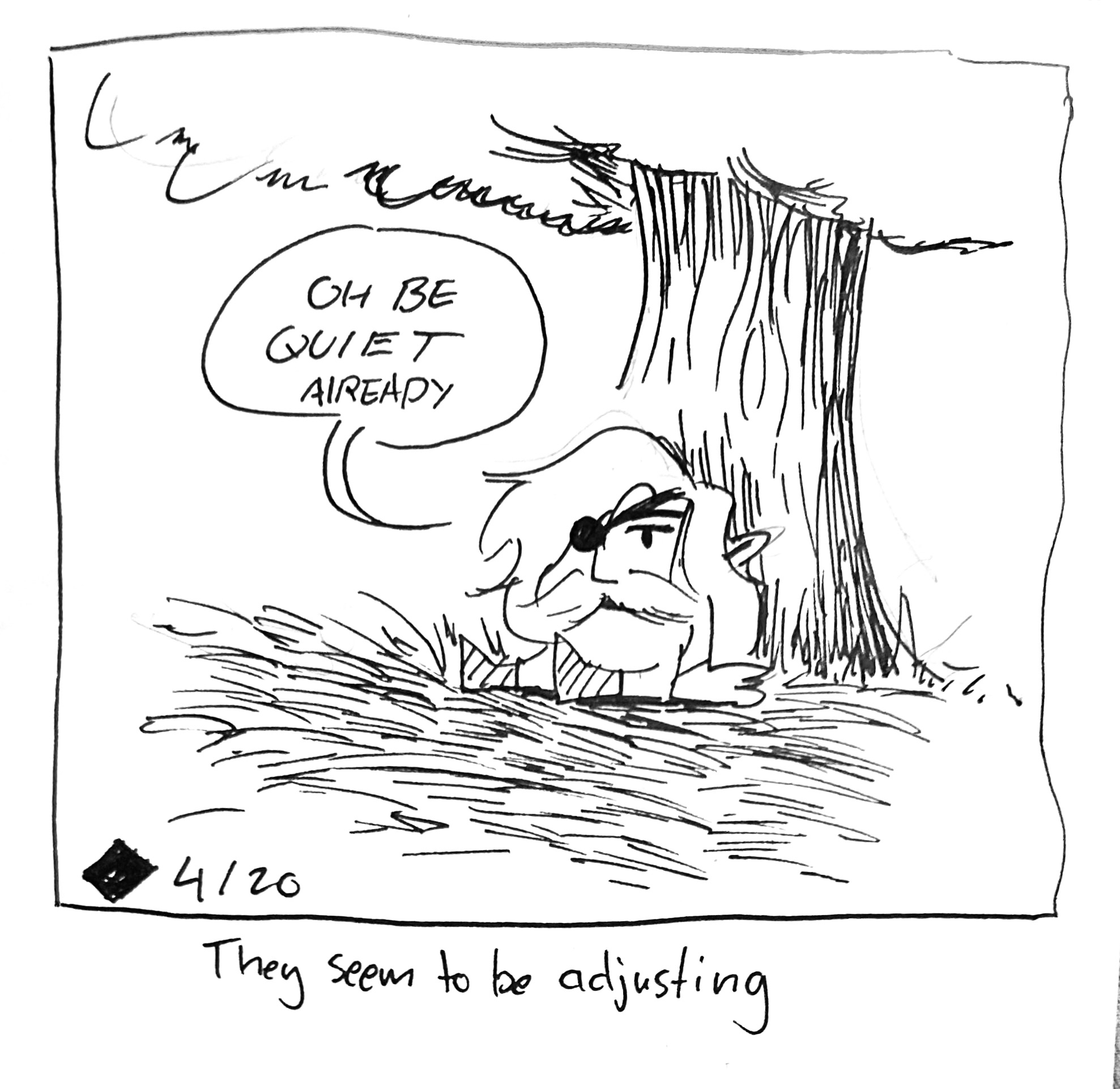 The Mercenary sits under a tree: the caption reads "They seem to be adjusting" to which the Mercenary replies "Oh be quiet already"