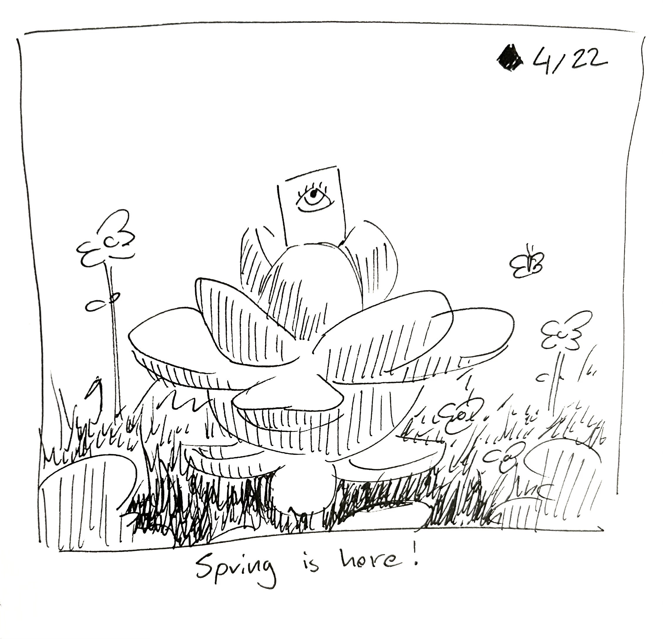 The little guy emerges from a flower. The caption reads "spring is here!"