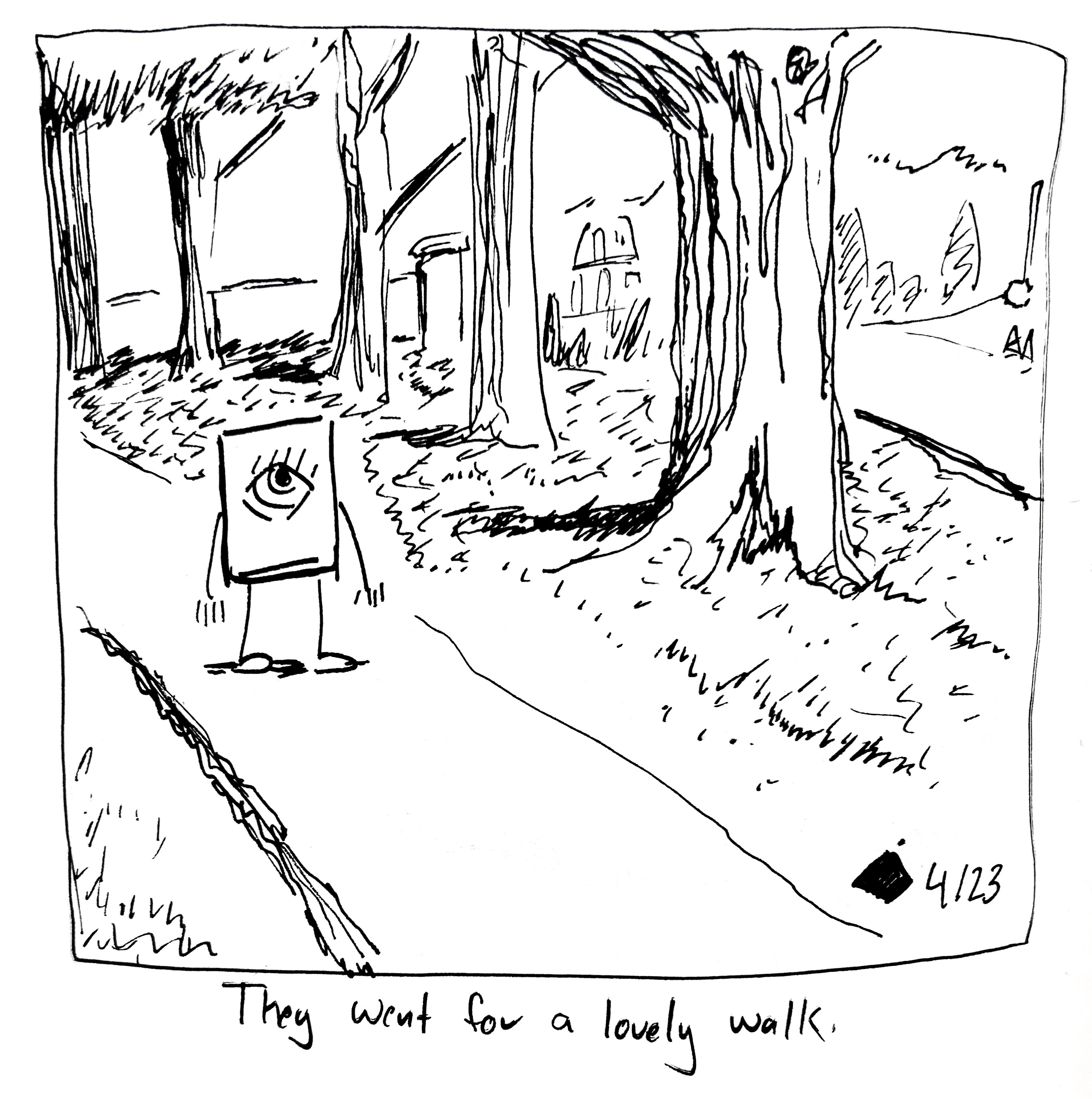 The little guy is walking along a park trail. The caption reads "They went for a lovely walk"