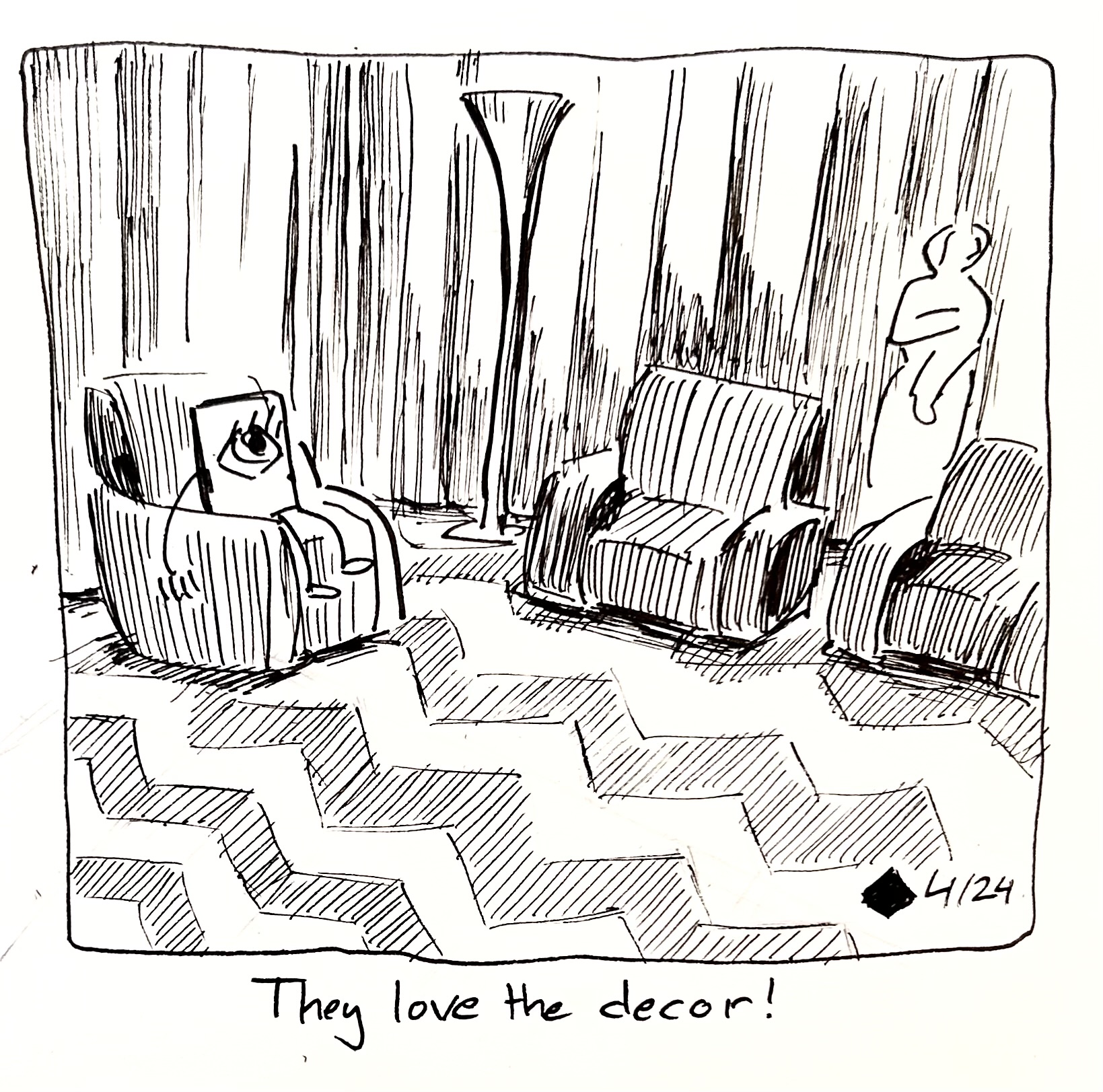 The little guy sits in the Red Room from Twin Peaks. The caption reads "they love the decor!"