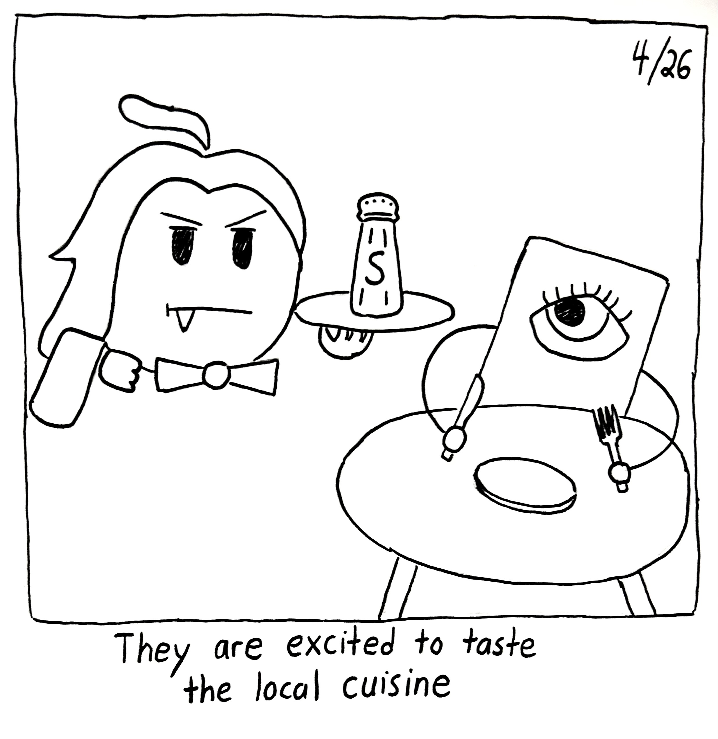 A gromlin serves the little guy some salt on a platter. The caption reads "They are excited to taste the local cuisine"