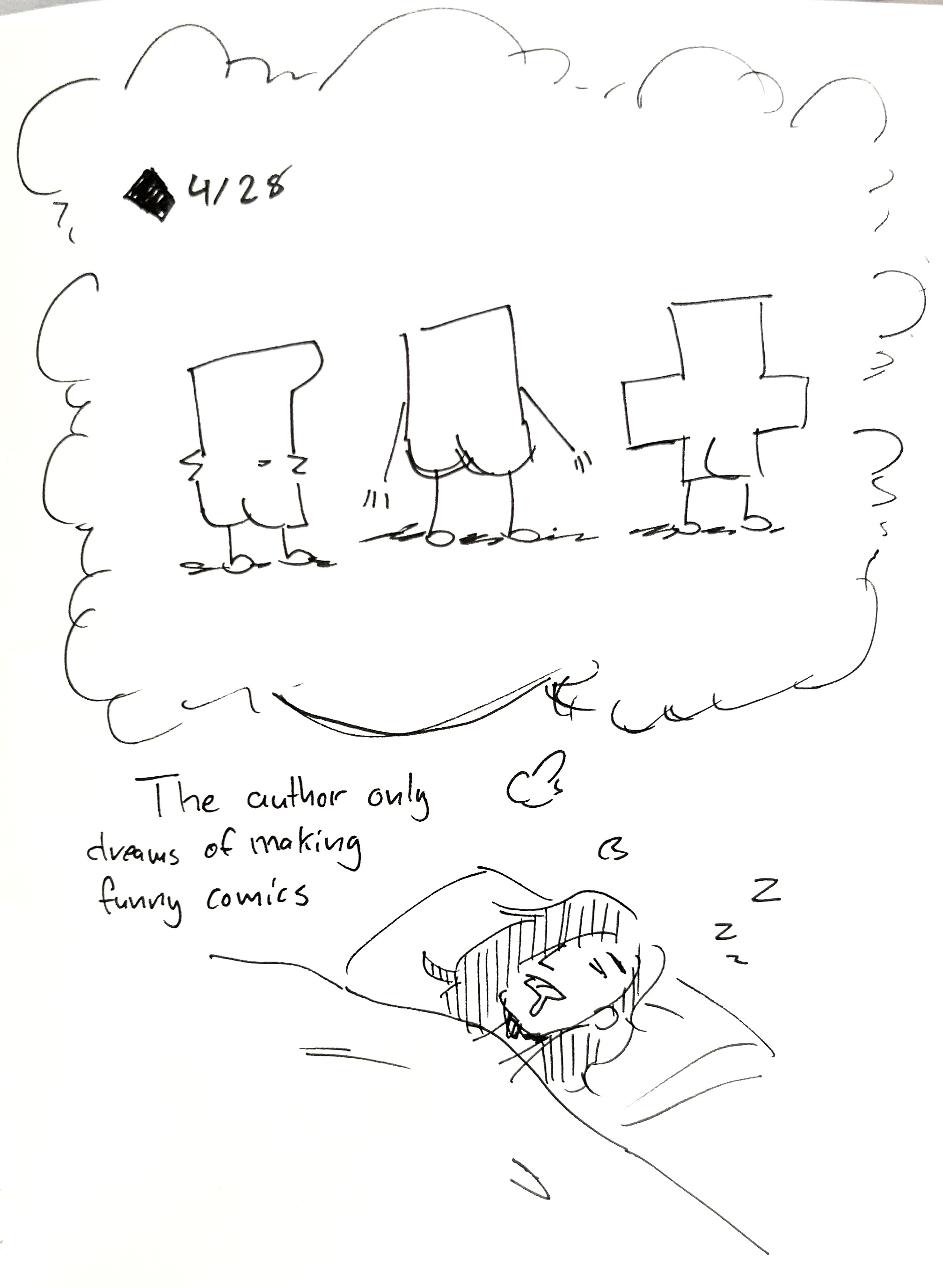 It's me, the author dreaming of making comics if my little guys. They're all facing backward so you can see their butts. The caption reads "The author only dreams of making funny comics"