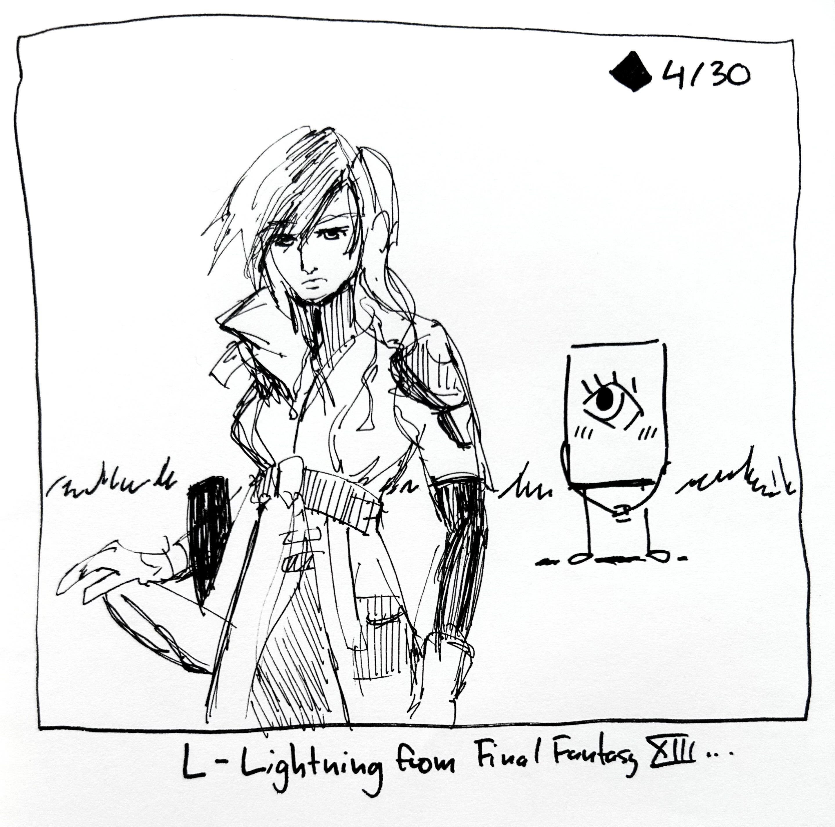 The little guy blushes and looks at Lightning from Final Fantasy XIII. The caption reads "L—Lightning from Final Fantasy XIII…"