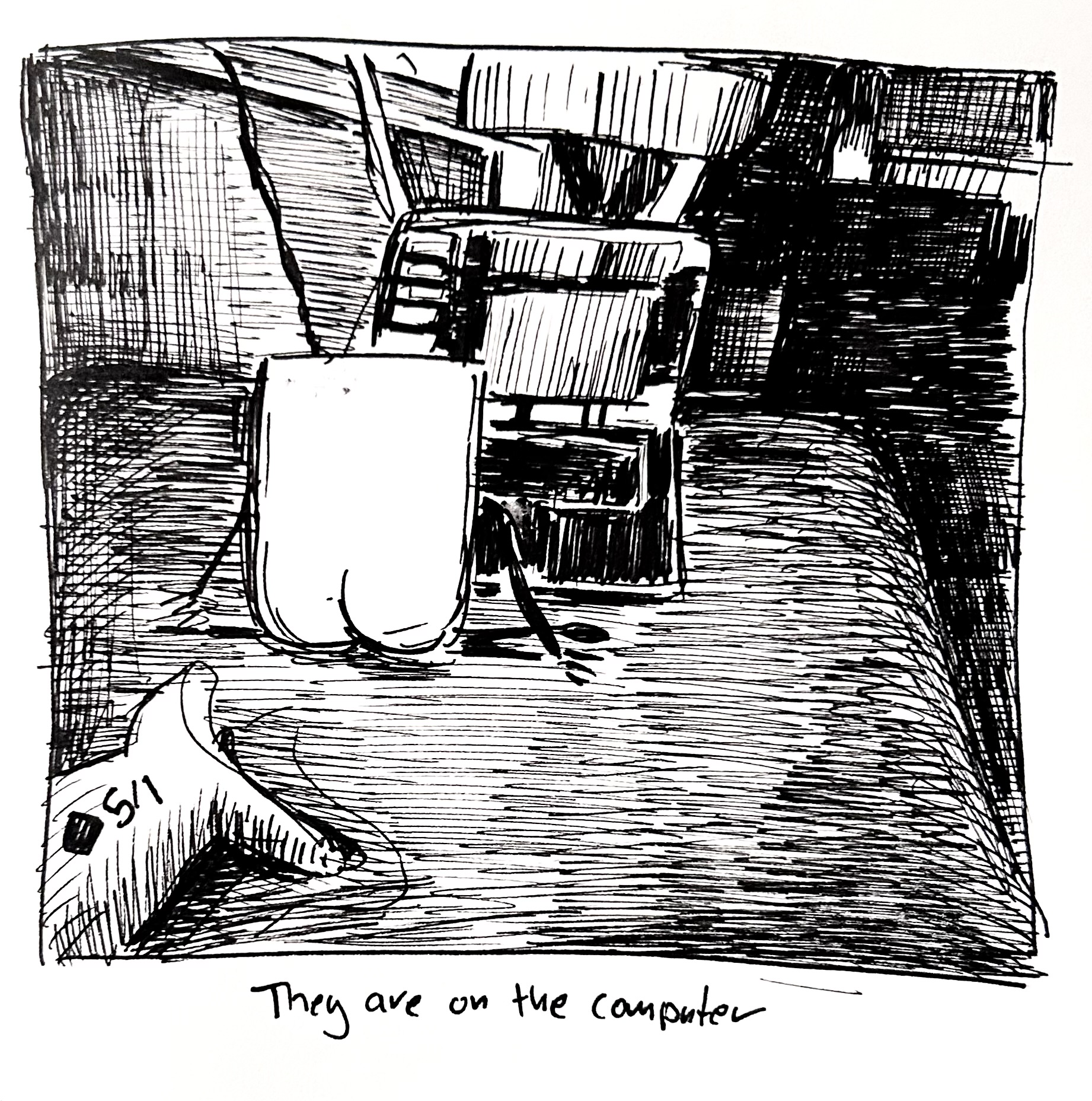 The little guy sits and looks at a laptop. The caption reads "they are on the computer"