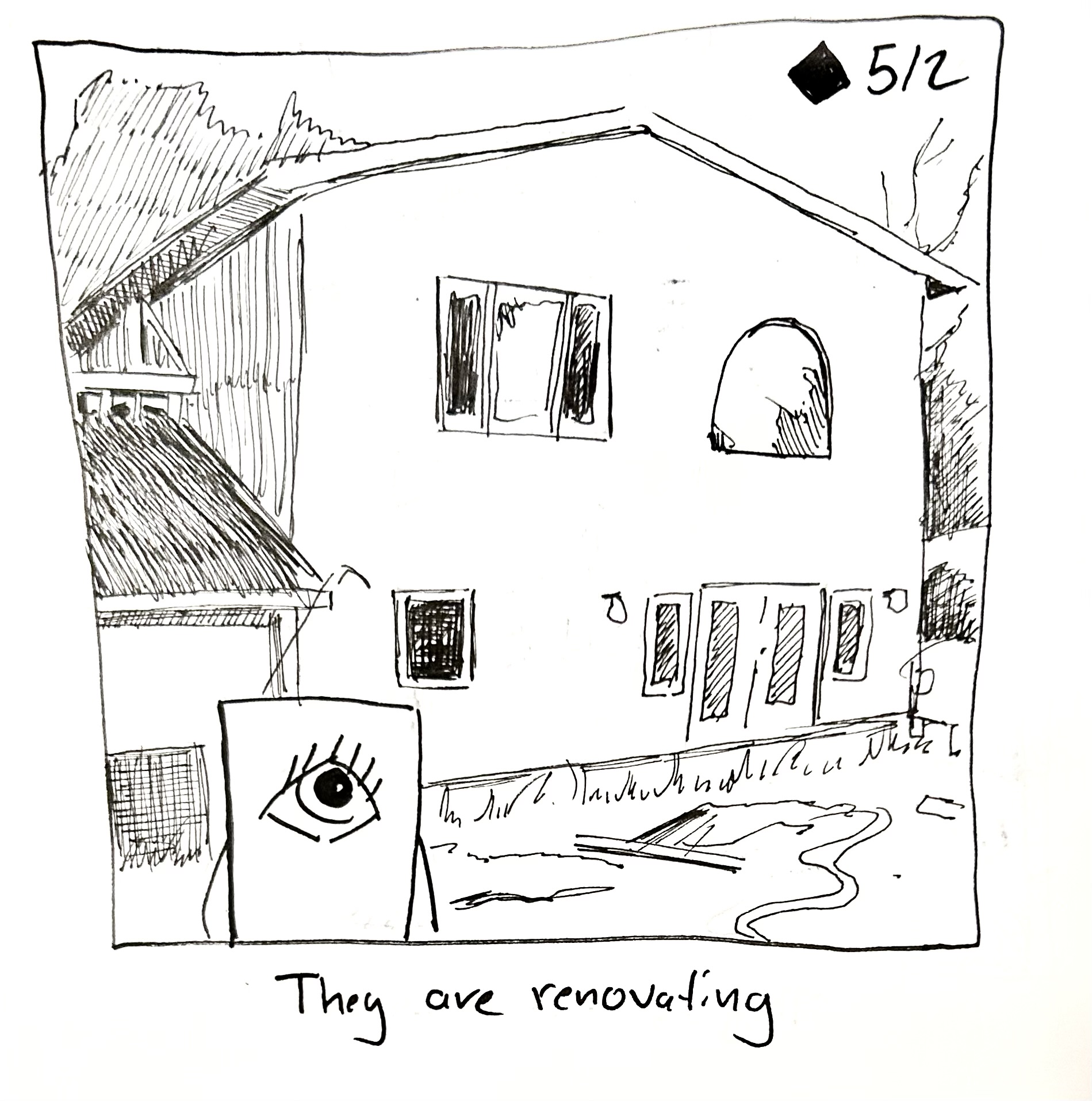 The little guy stands in front of groverhaus. The caption reads "they are renovating