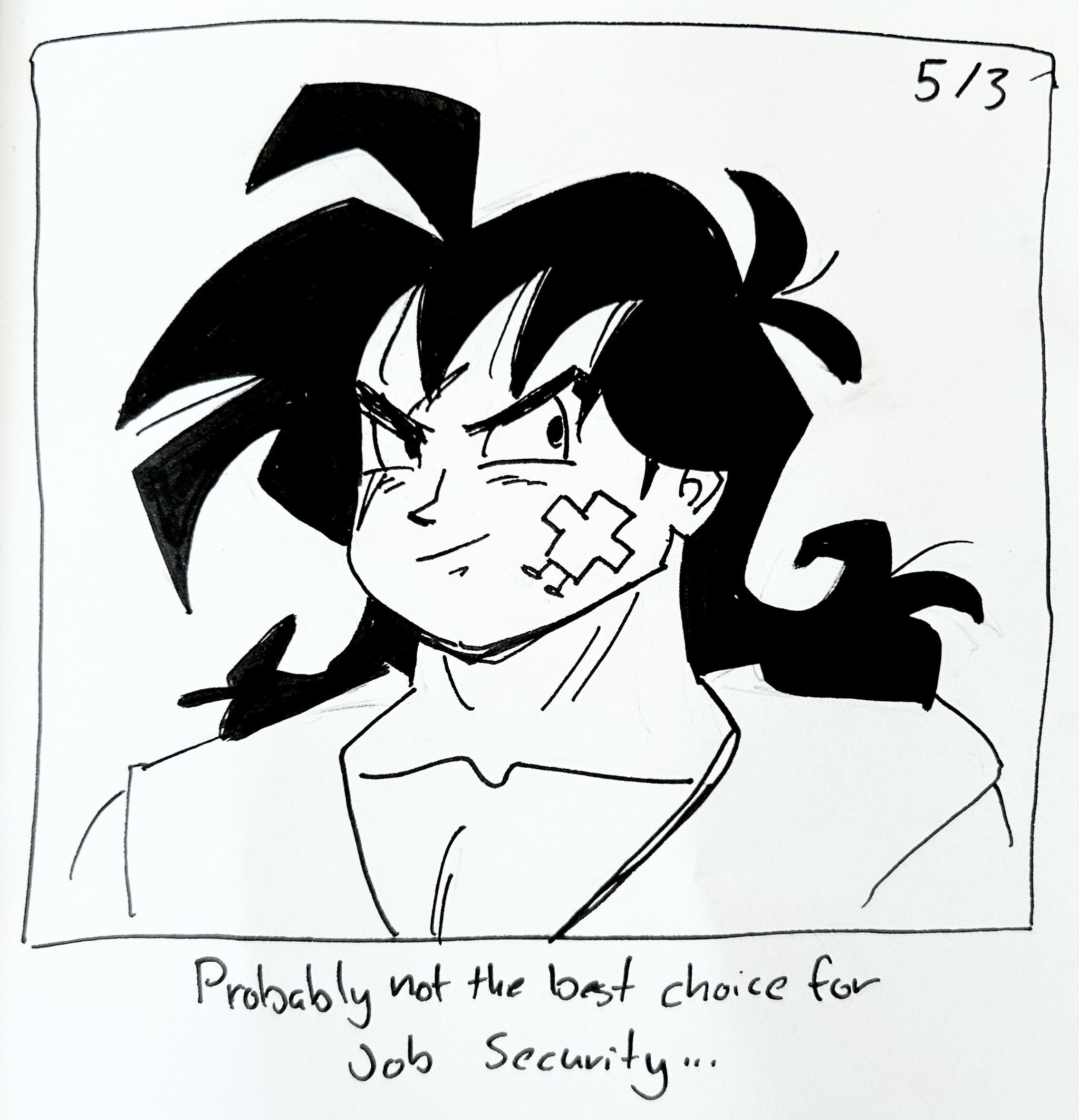 The plus shaped guy is on Yamcha's cross scar. The caption reads "Probably not the best choice for job security"