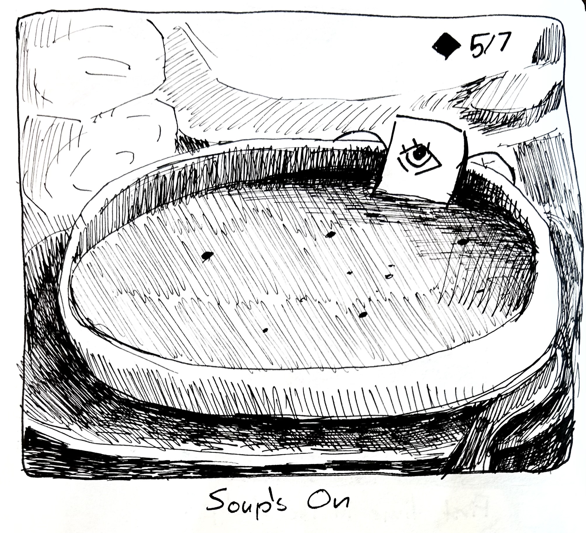 The little guy relaxes in some soup. The caption reads "soup's on"