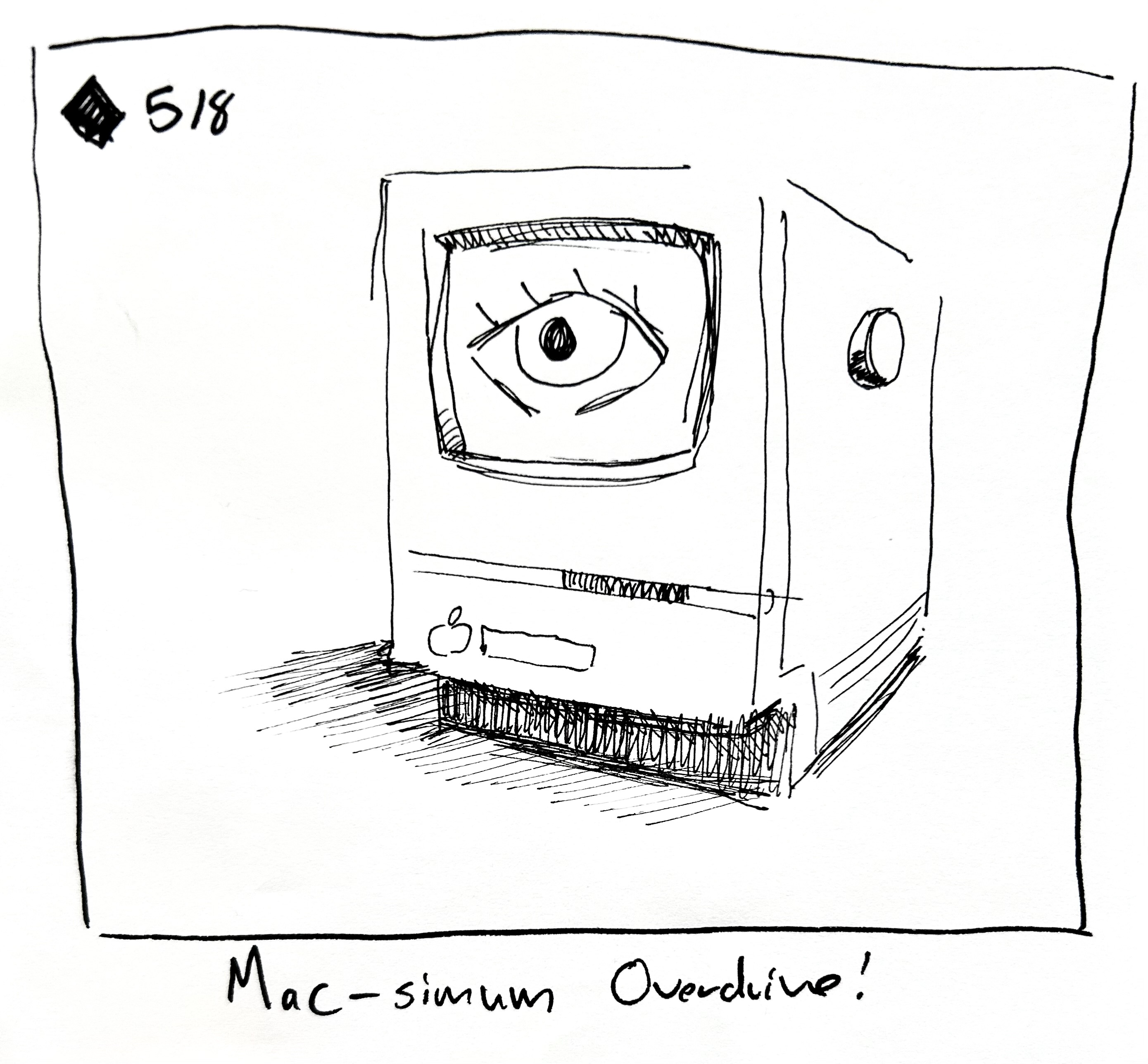 The little guy is an old Mac. The caption reads "Mac-simum Overdrive!"