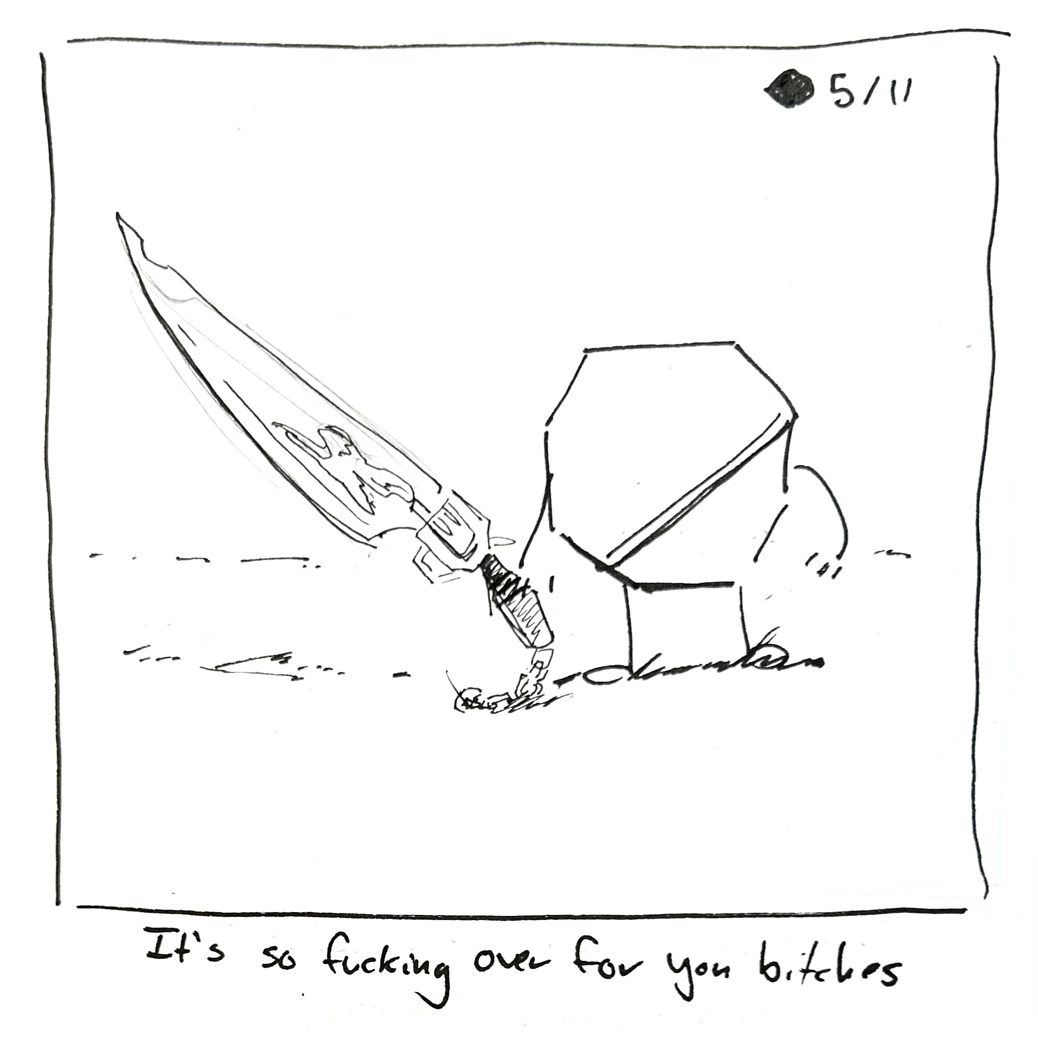 The Warrior wields a gunblade. The caption reads "It's so fucking over for you bitches"