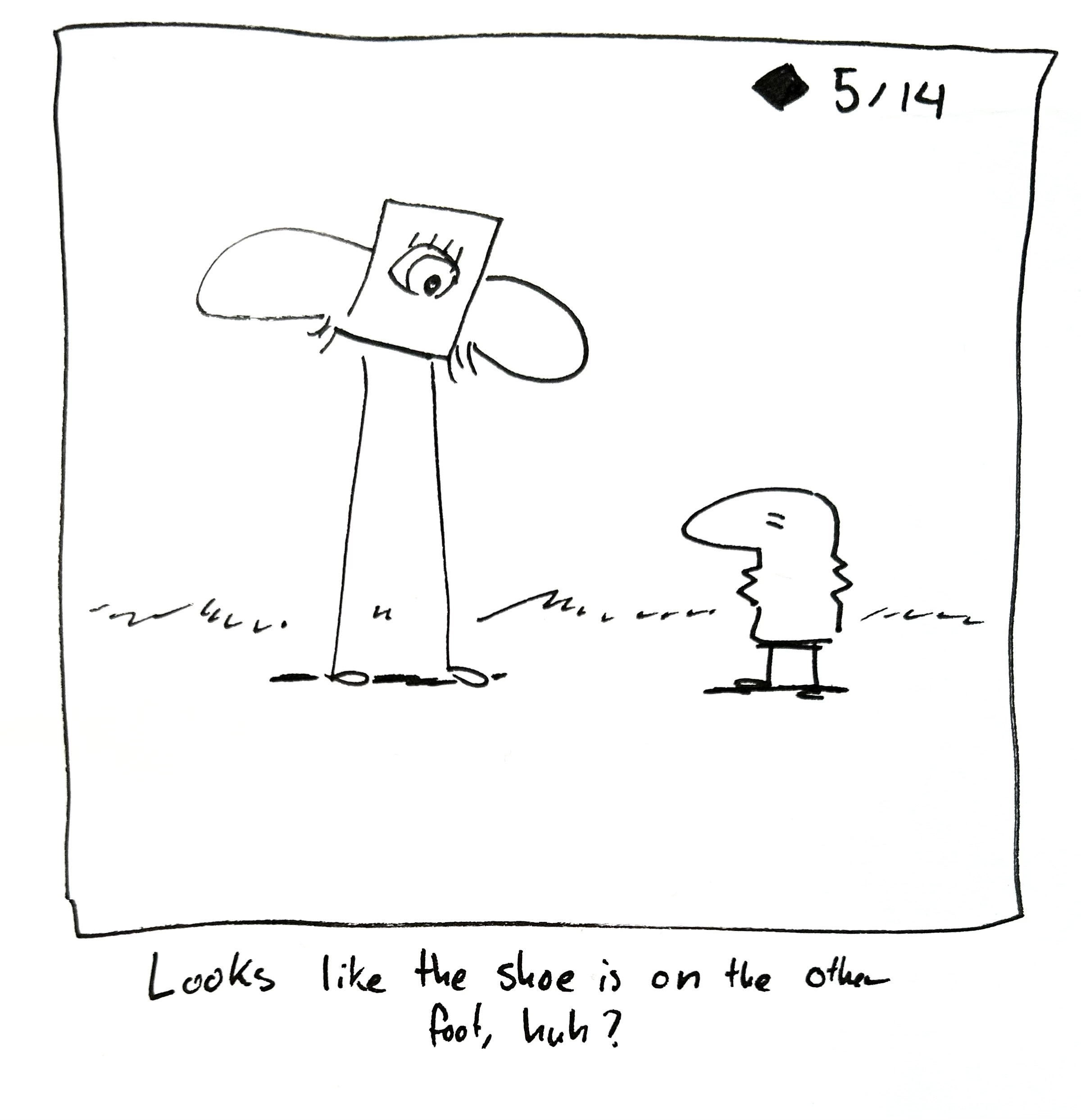 The little guy, still with long limbs, looks at the squished Tall One. The caption reads "Looks like the shoe is on the other foot, huh?"