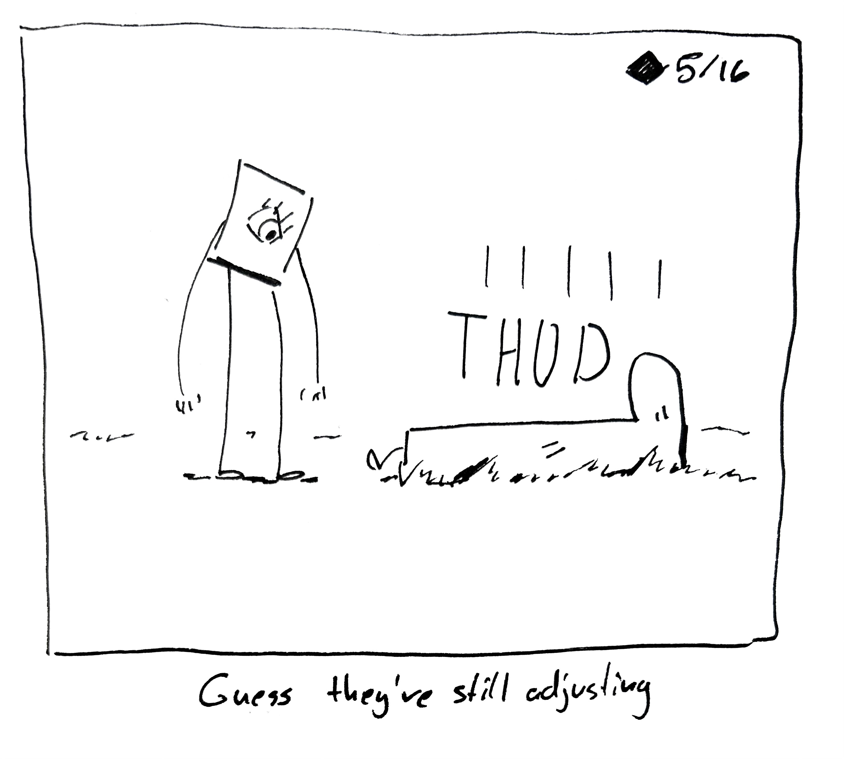 The tall one falls over onto the ground as the little guy watches. The caption reads "guess they're still adjusting"