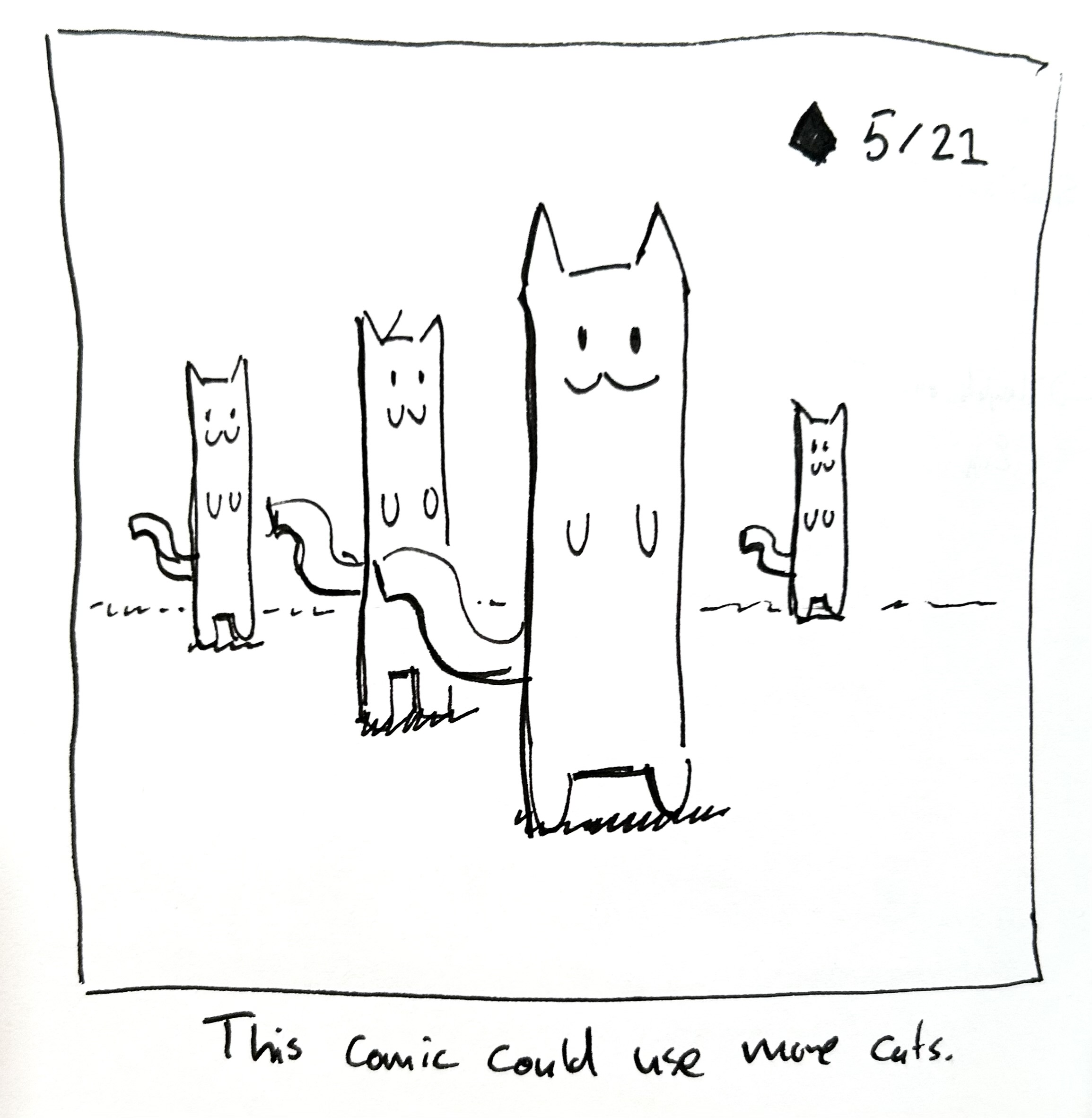 Many long cats stand in the field. The caption reads "this comic could use more cats"