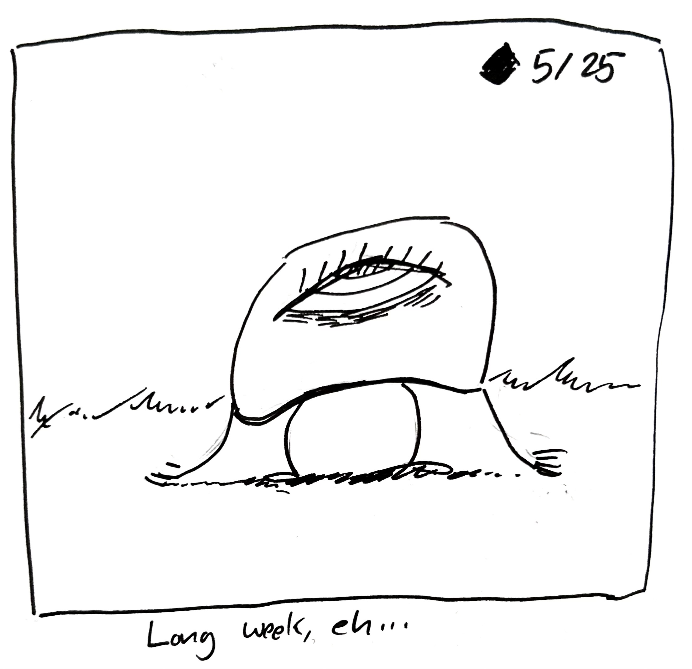 The little guy standing around looking tired and deflated. The caption reads "long week, eh…"