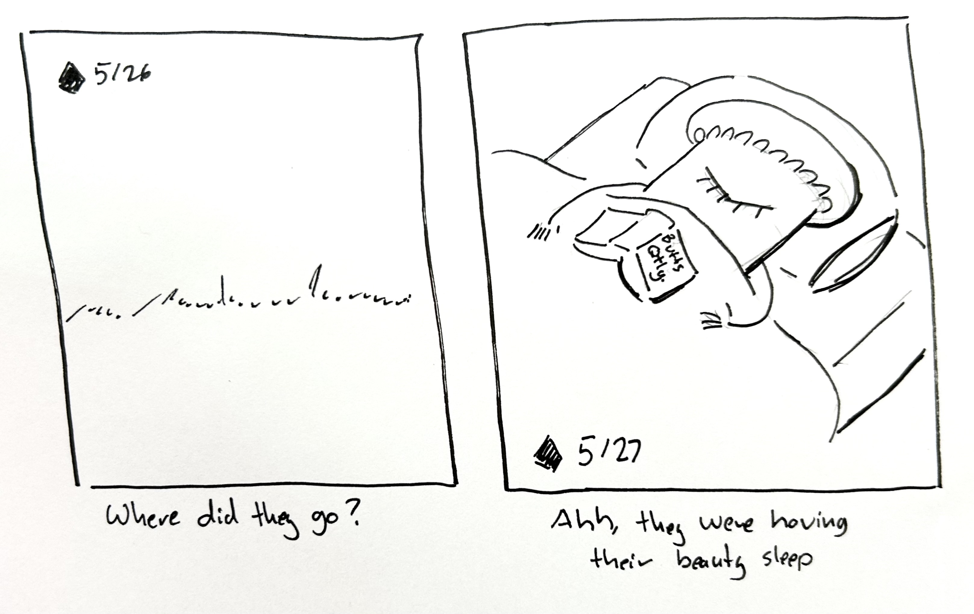 Two panels: the first is empty and says "where did they go?" The second panel shows the little guy having a nap with a hair net and book caller "Butts Qtly" with the caption "Ahh, they were having their beauty sleep"