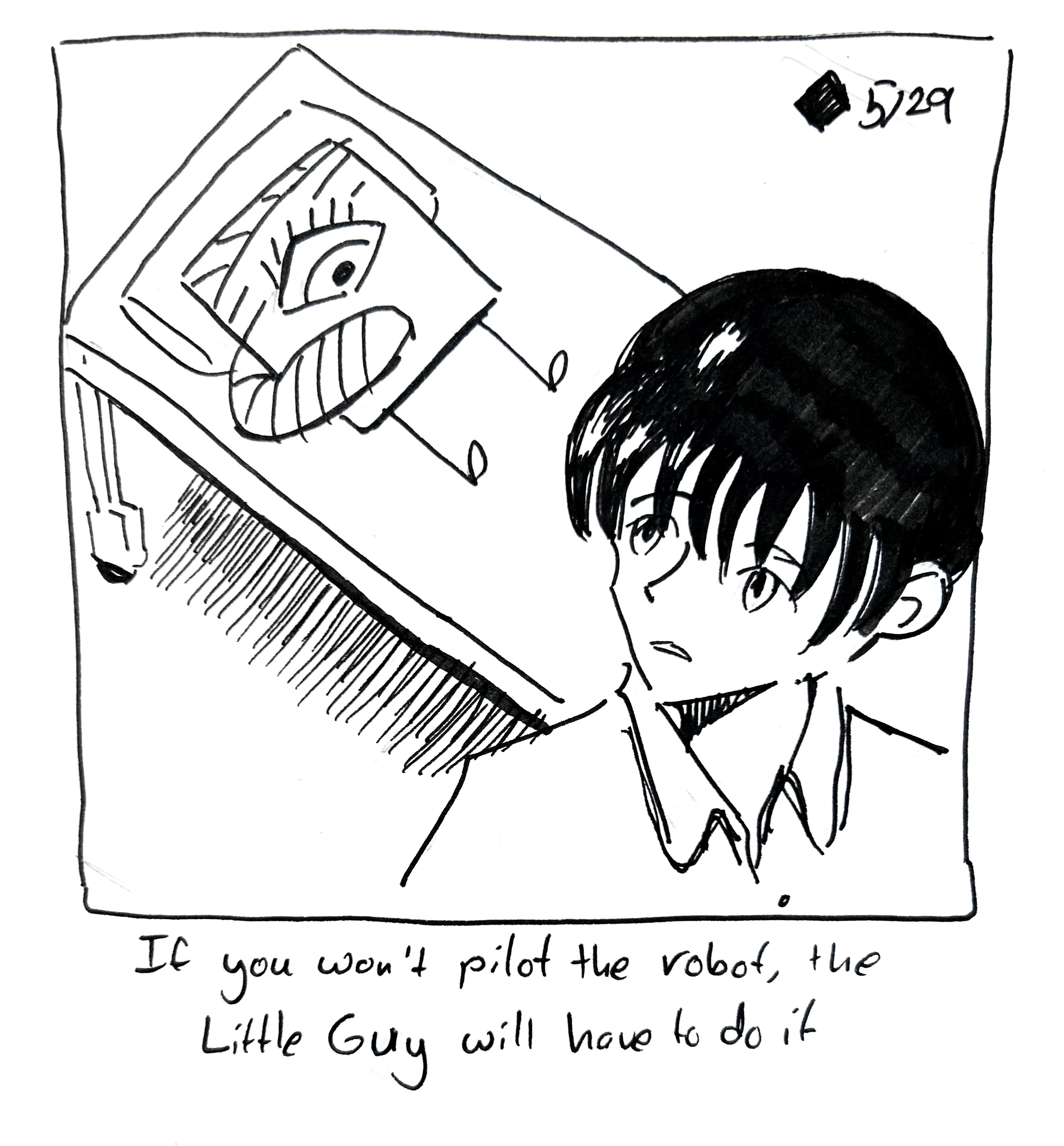 Shinji Evangelion looks at the bandaged up little guy on a hospital bed. The caption reads "If you won't pilot the robot, the little guy will have to do it"