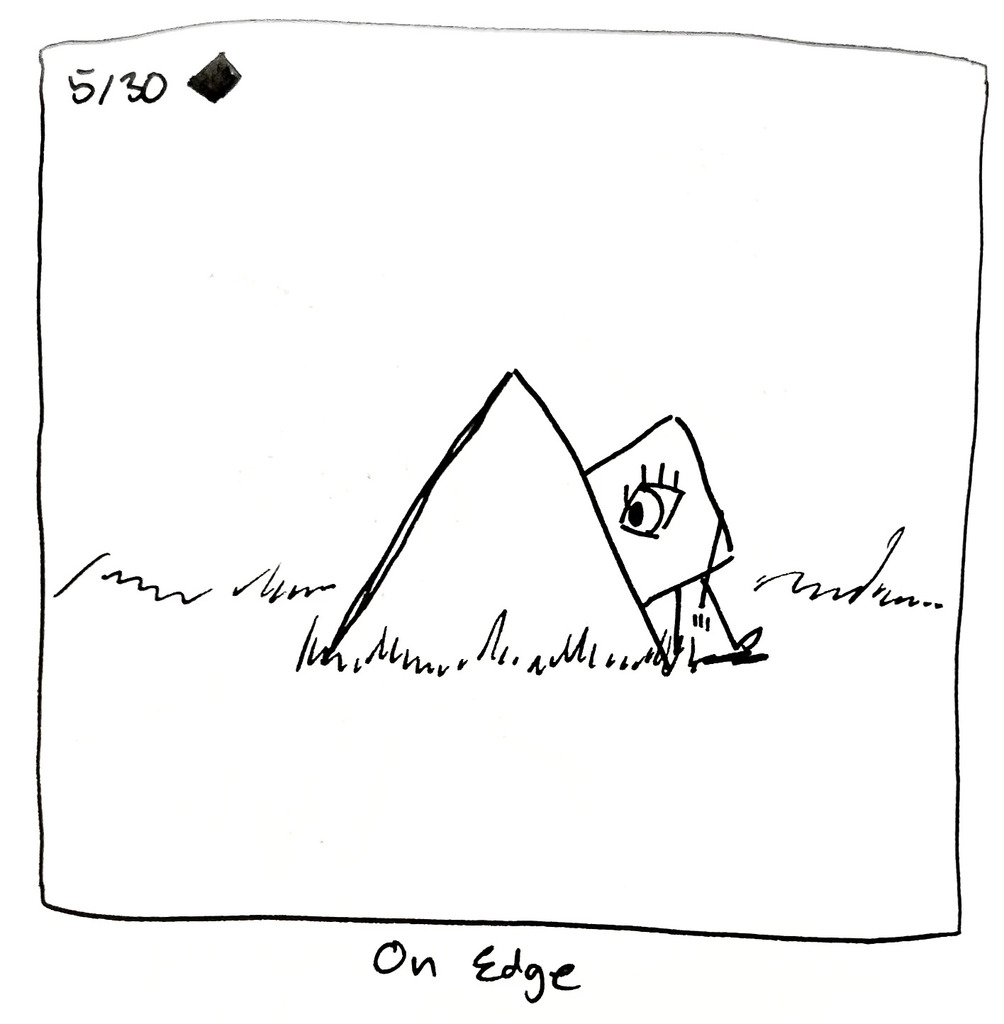 The little guy leans against a triangle. The caption reads "on edge"