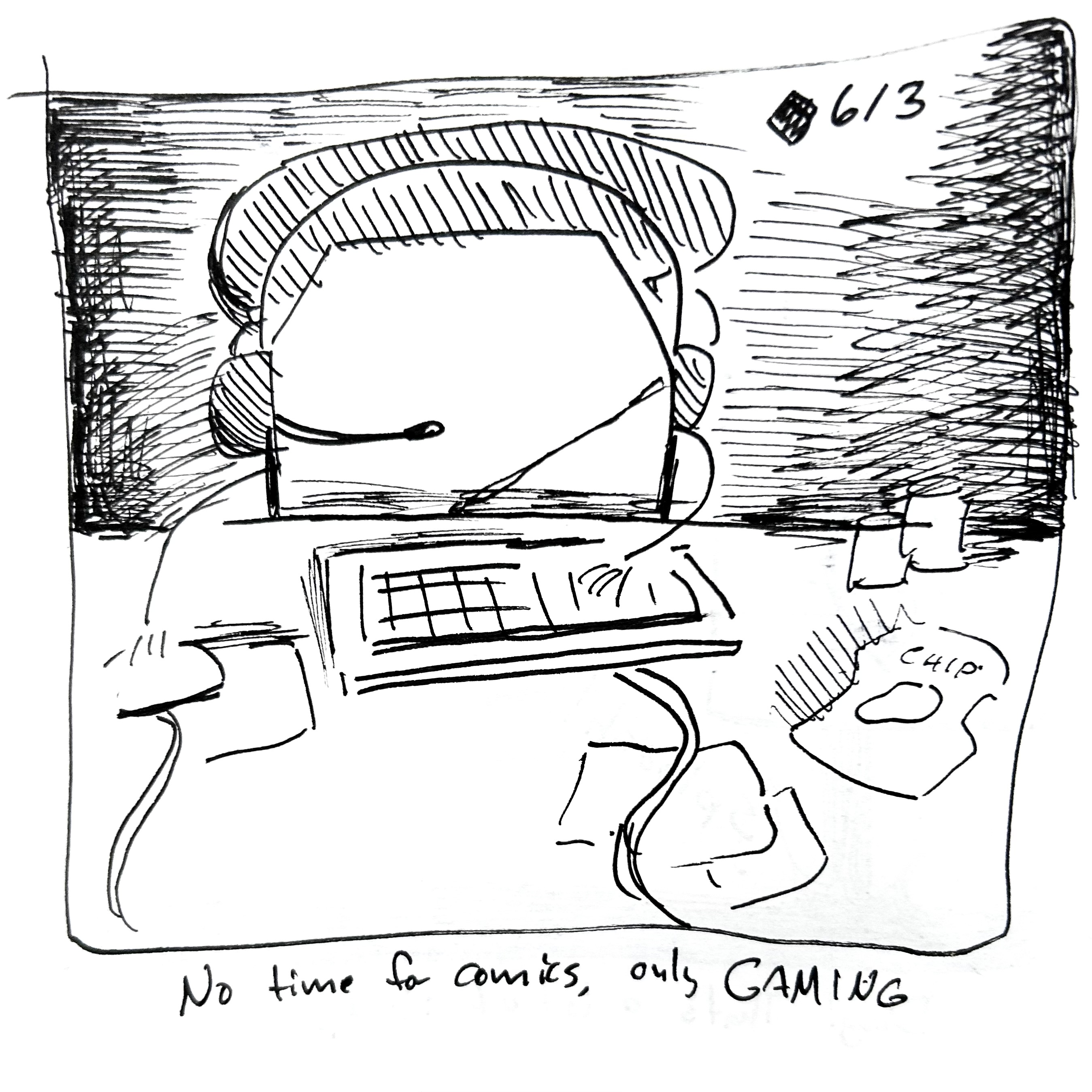 The Warrior sinks further into gaming as various clutter accumulates around them, the caption reads "no time for comics, only GAMING"