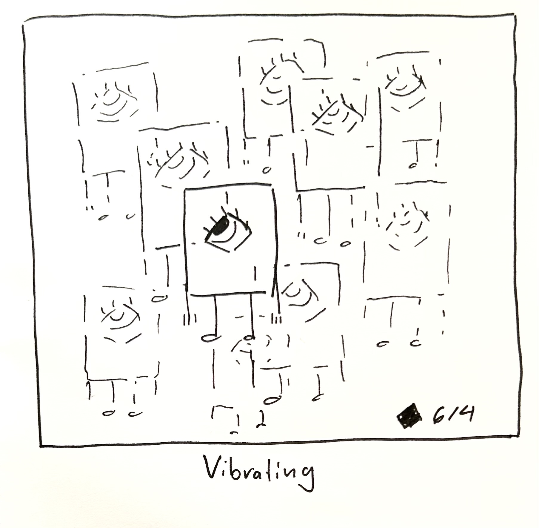 The little guy is vibrating violently. The caption reads "vibrating"