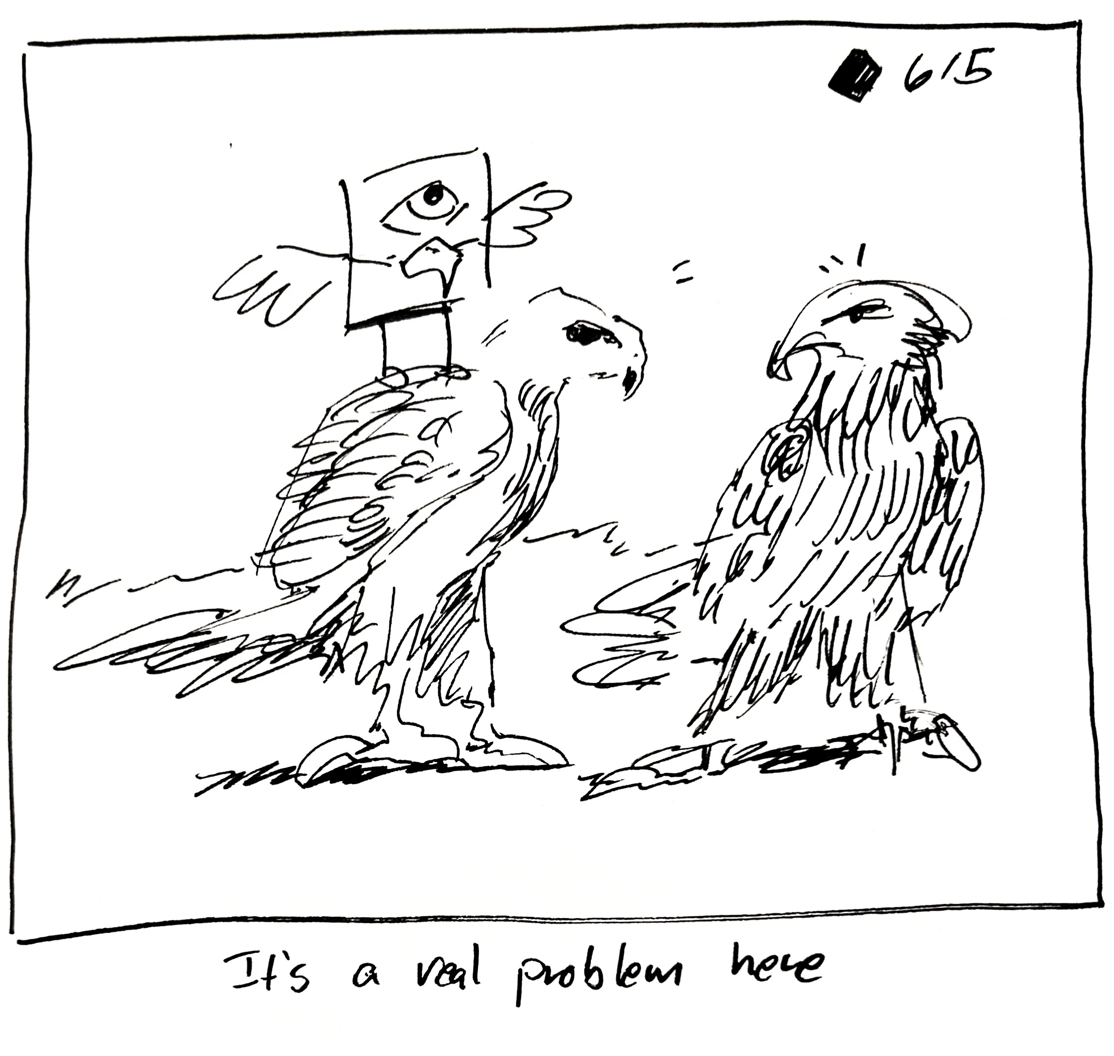 The little guy, dressed like an eagle, attempts to fly away with another eagle, who looks annoyed as another one looks on. The caption reads "it's a real problem here"