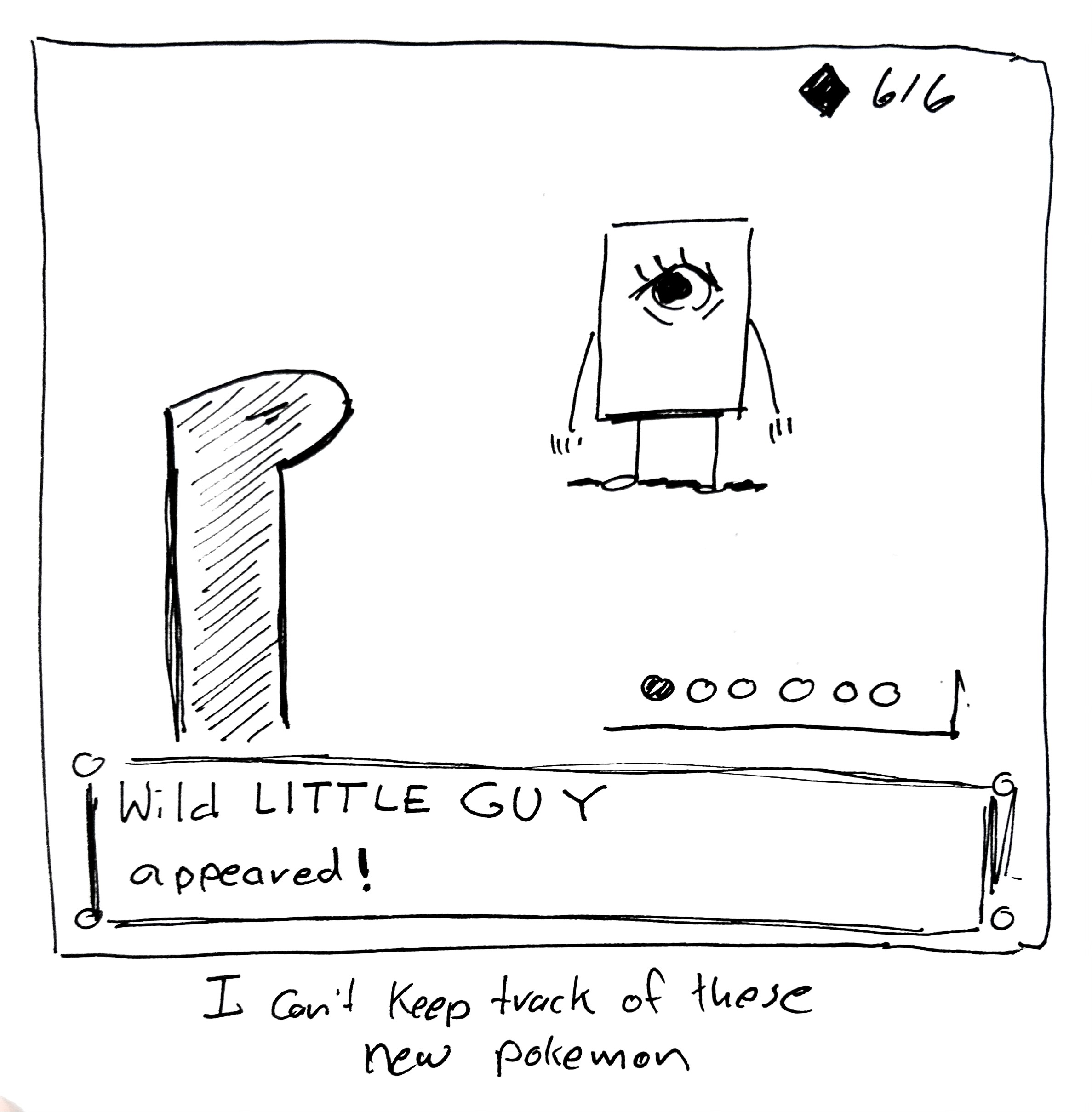 A recreation of the Pokemon "a wild ___ appeared" screen from gen 1. The caption reads "I can't keep track of these new Pokemon"