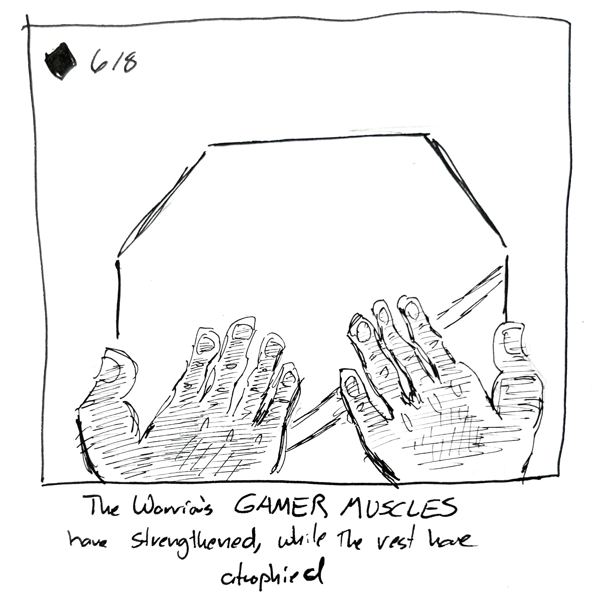 The warriors looking at their bulky, realistic hands. The caption reads "The Warriors GAMER MUSCLES have strengthened, while the rest have atrophied"