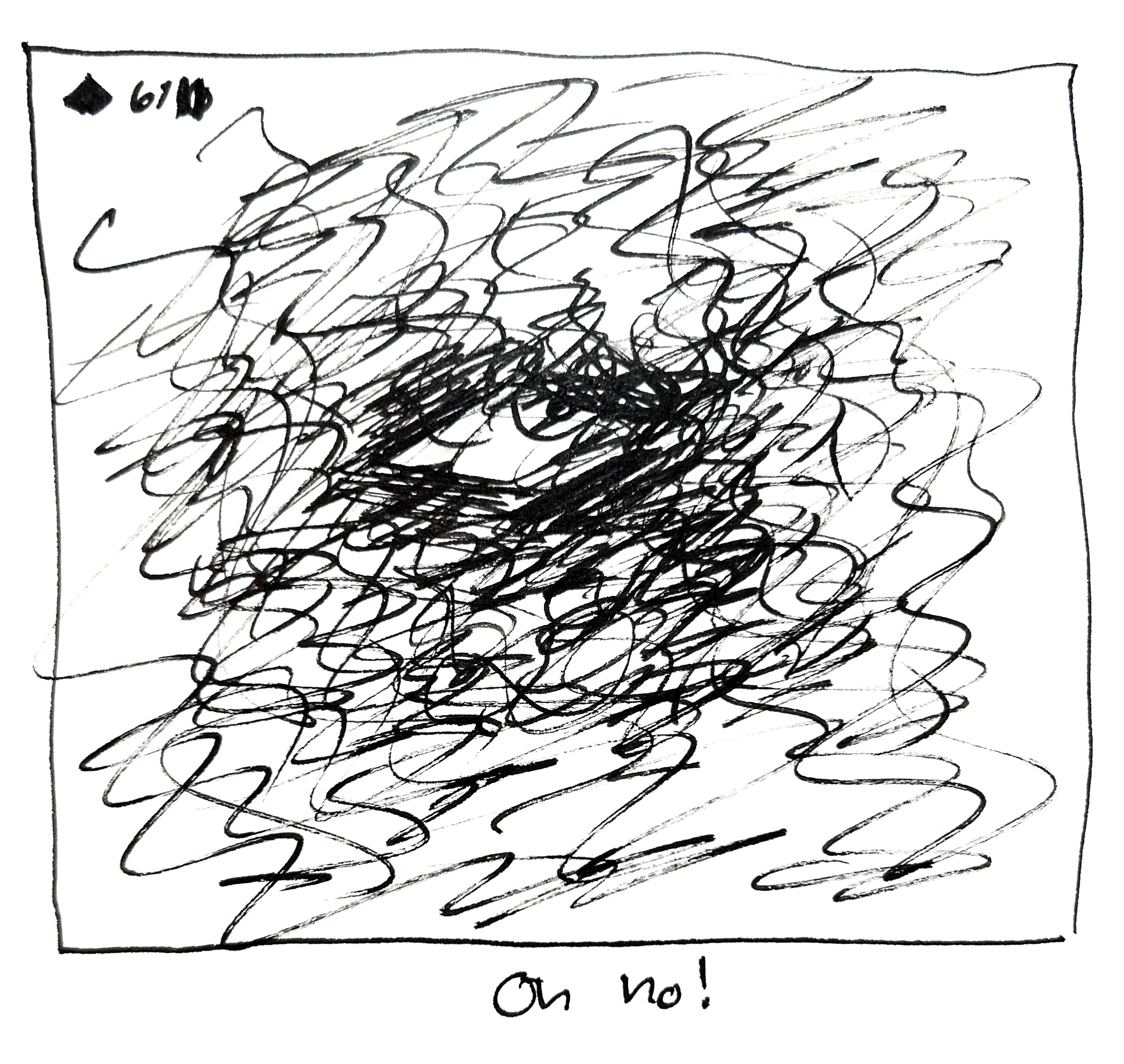The little guy has become even more scribbled. The caption reads "oh no!"