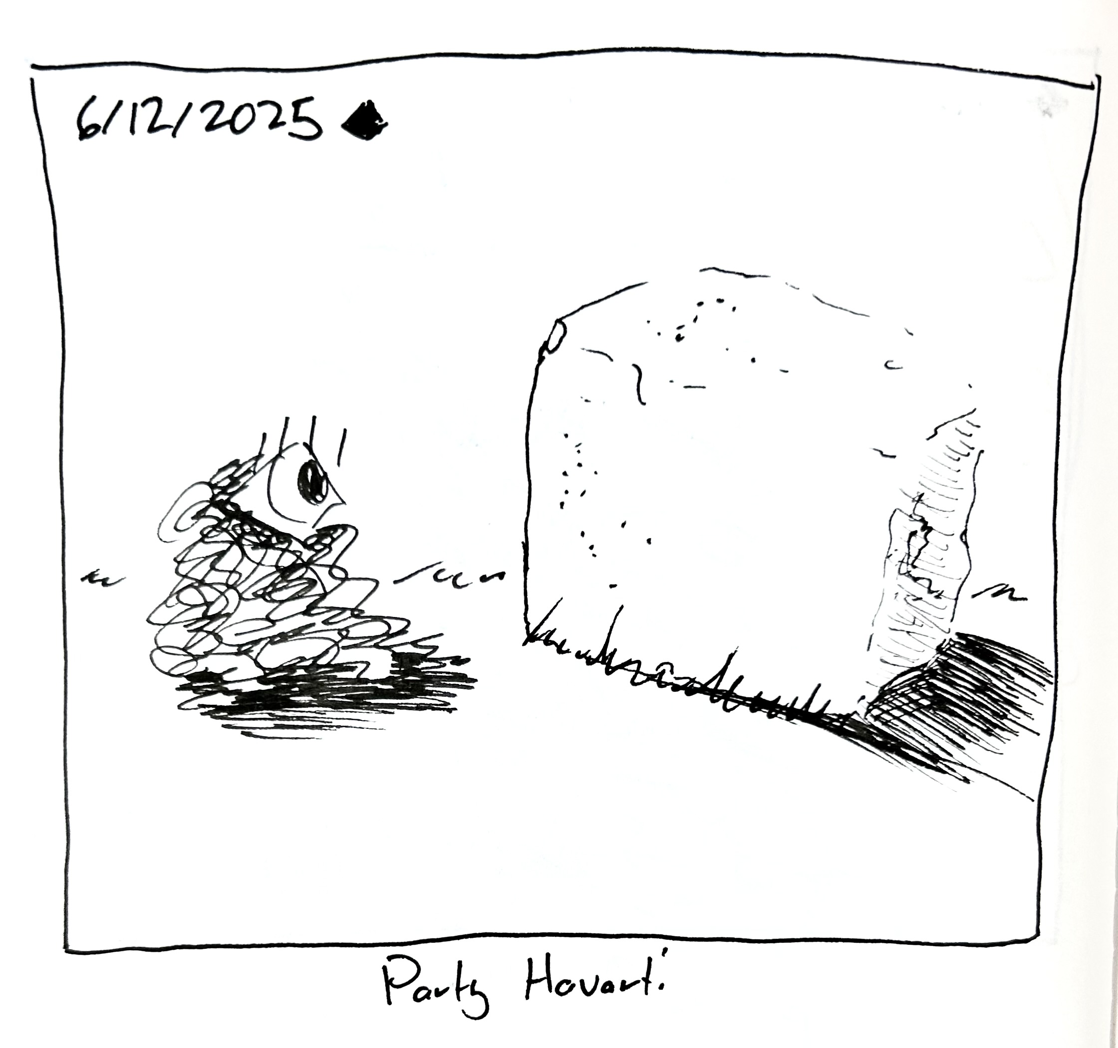 The little guy, who's still a bunch of scribbles, looks at a block of cheese. The caption reads "party havarti"