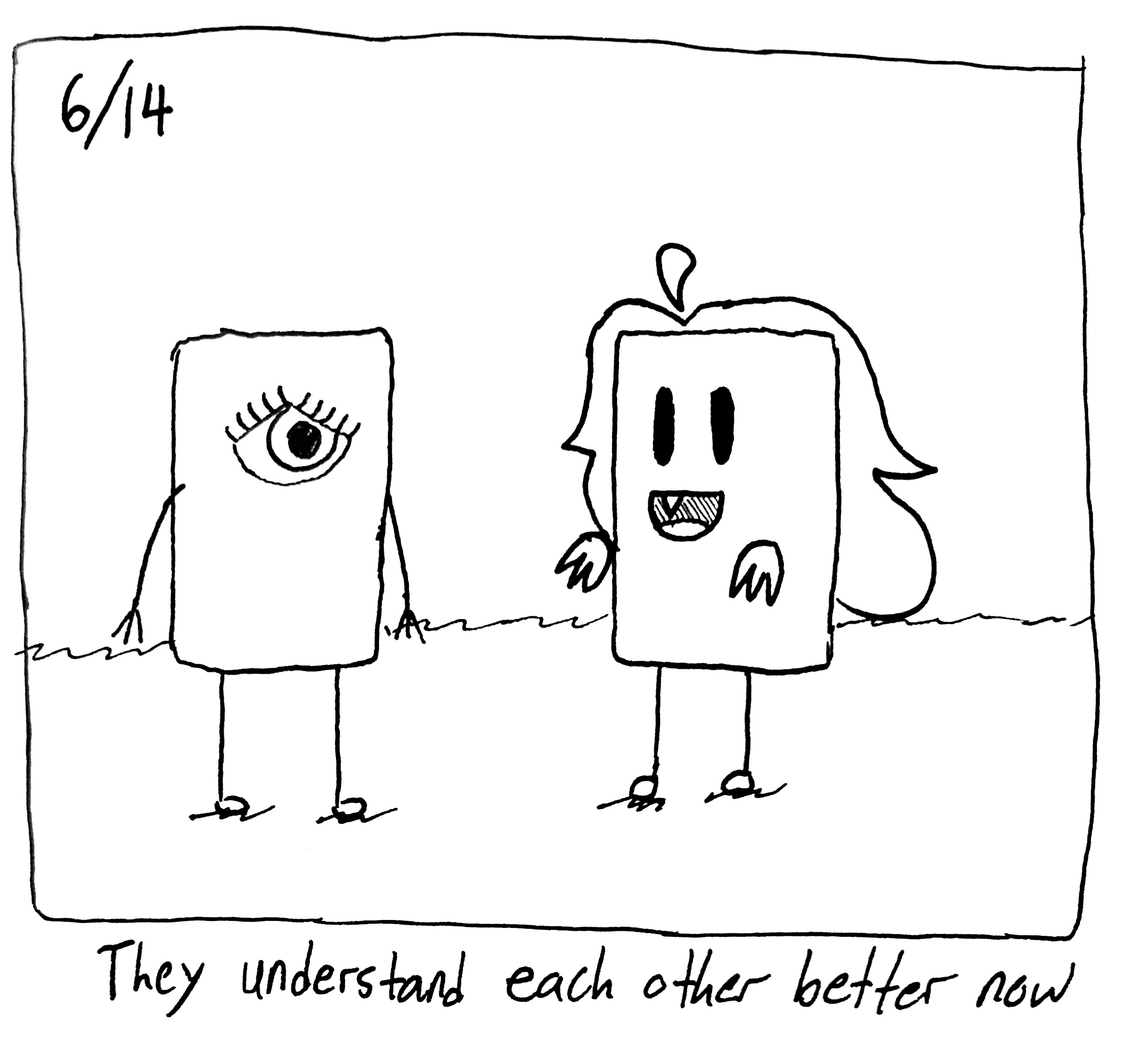 The little guy and a gromlin shaped like the little guy stare at each other. The caption reads "they understand each other better now"