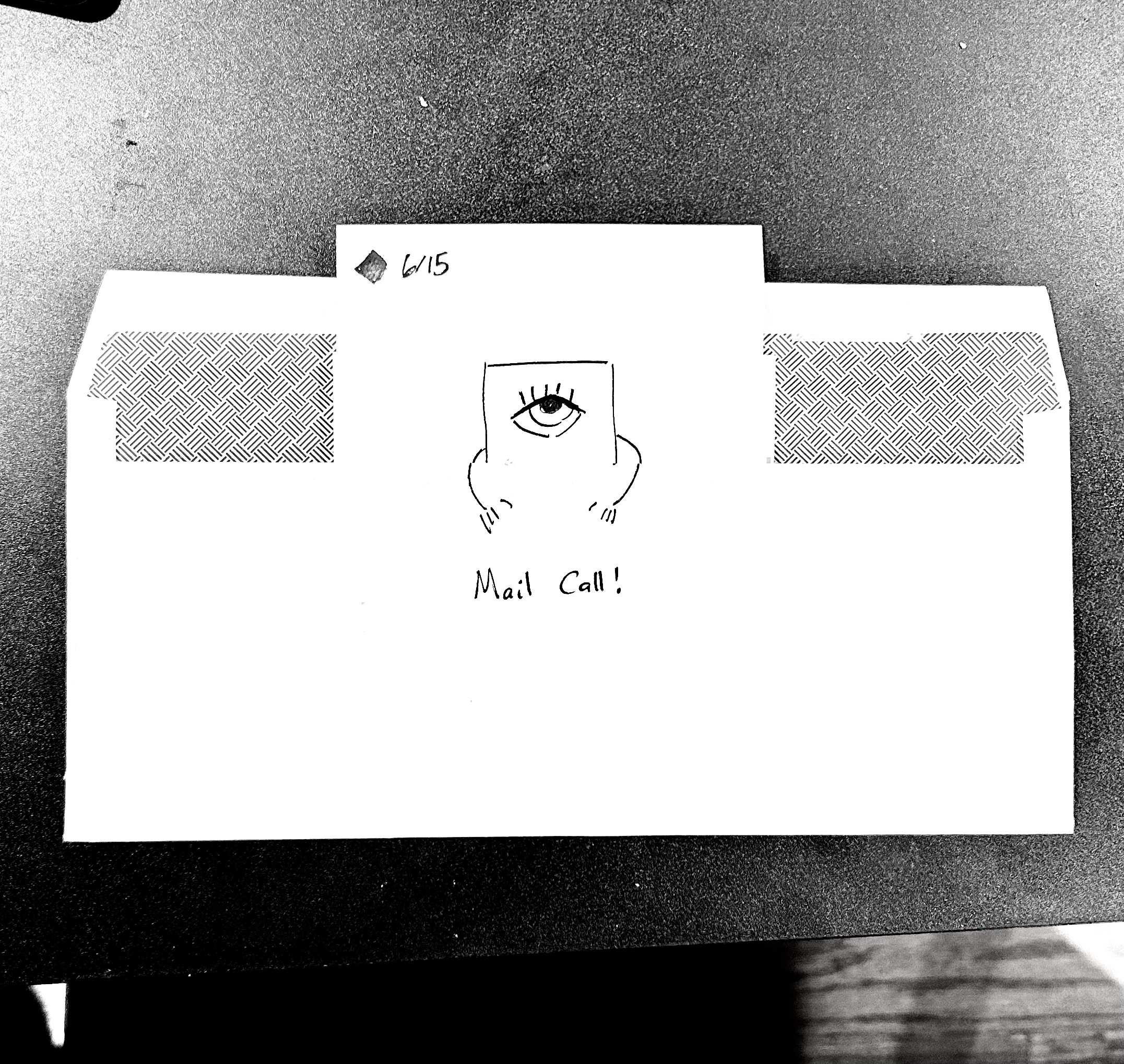 The little guy peeks out of an envelope. The caption reads "mail call"