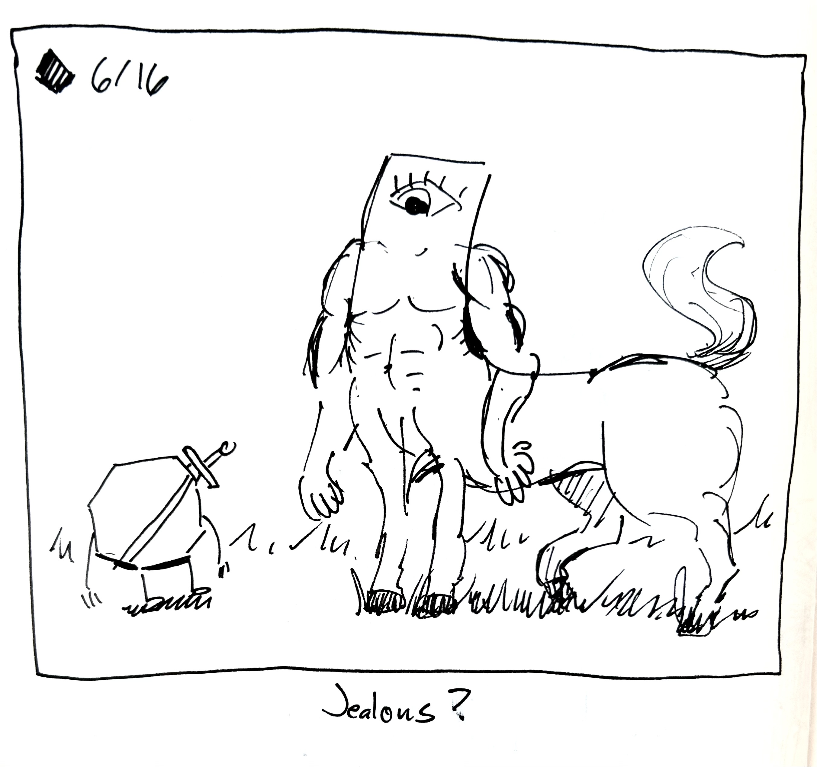 The little guy, as a centaur, looks down on the warrior. The caption reads "jealous?"