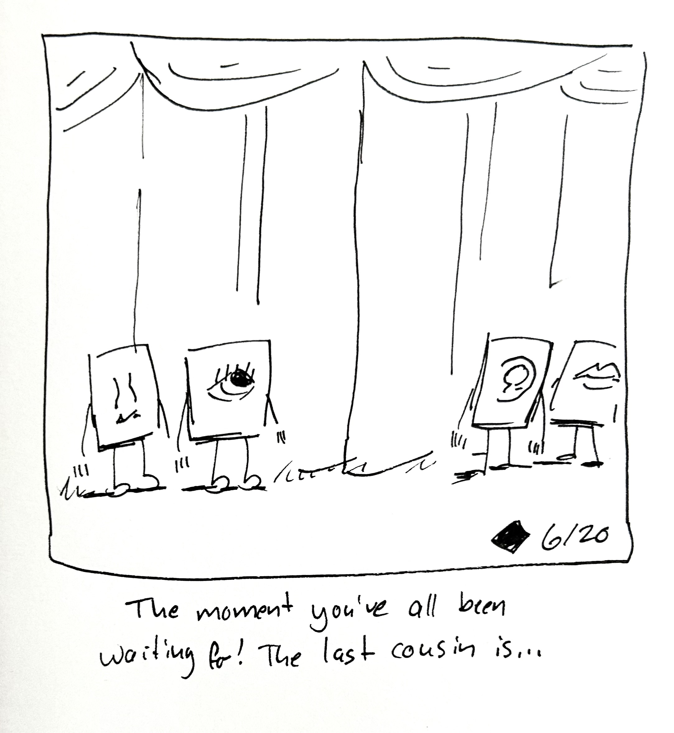 All the little guy cousins stand in front of a stage. The caption reads "the moment you've all been waiting for! The last cousin is…"