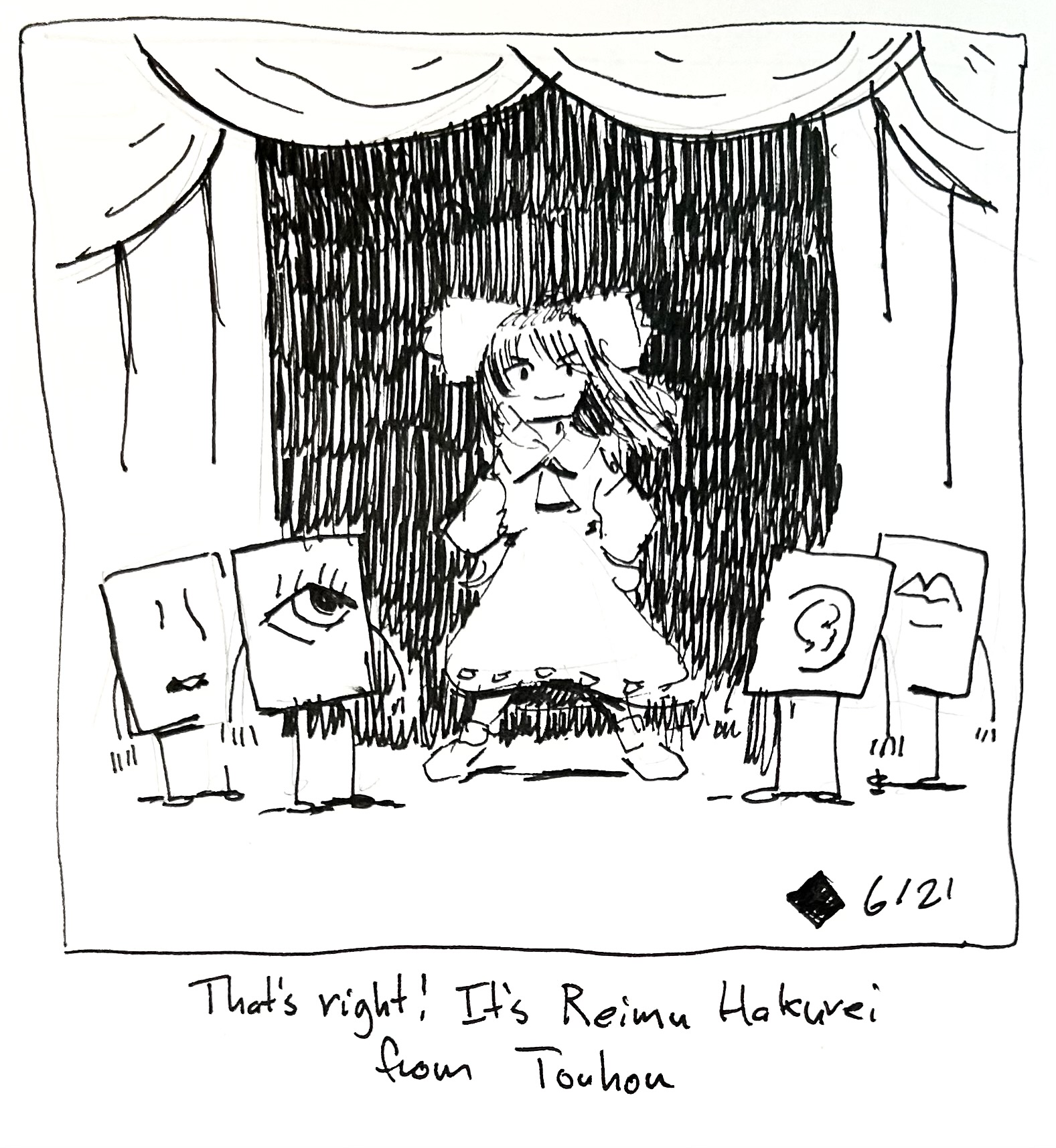 The stage opens up and the little guy cousins look at the 5th cousin, Reimu Hakurei from Touhou. The caption reads "that's right! It's Teinu Hakurei from Touhou"