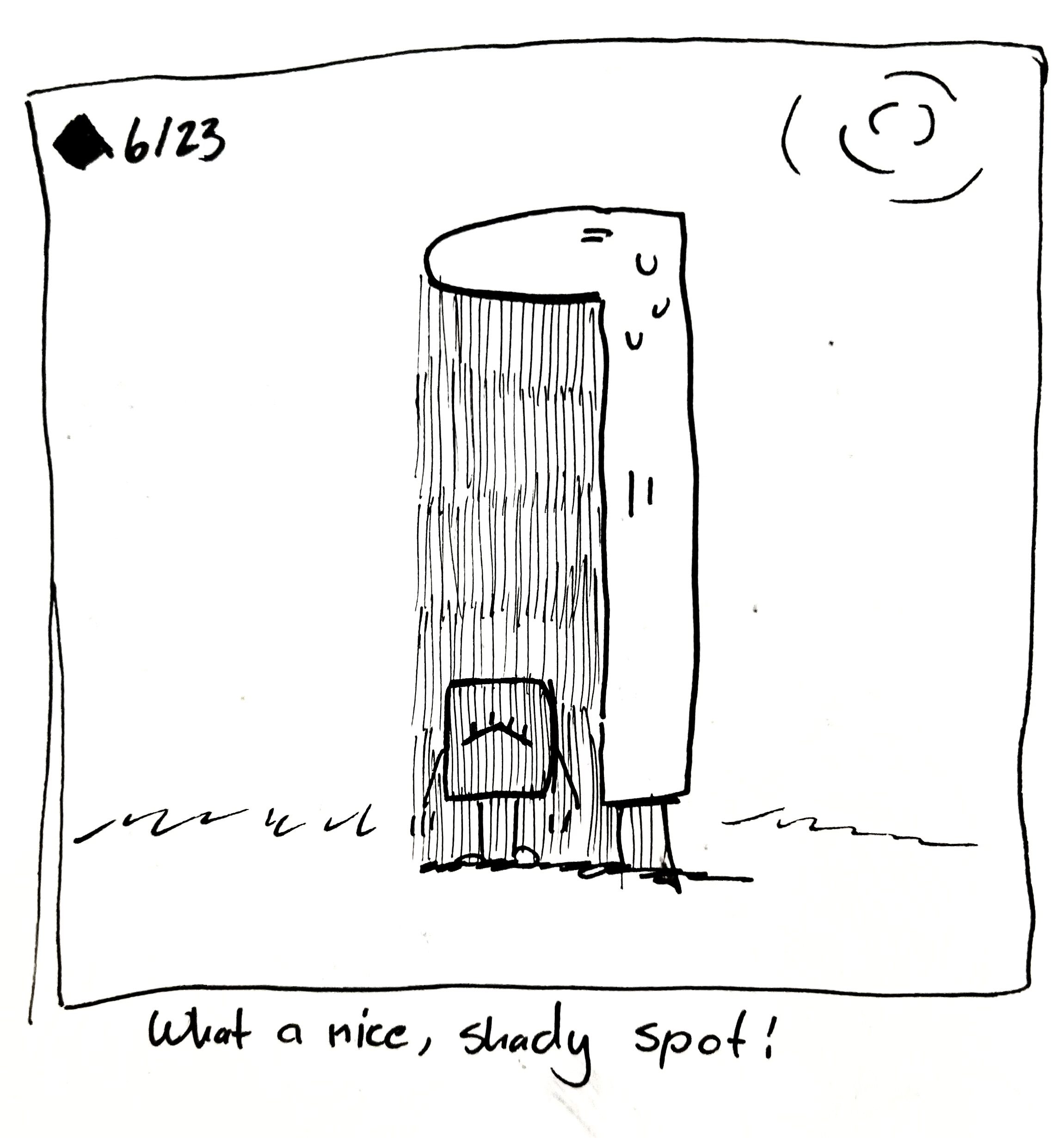 The little guy stands underneath the tall one, who's casting a shadow and sweating in the sun. The caption reads "what a nice, shady spot!"