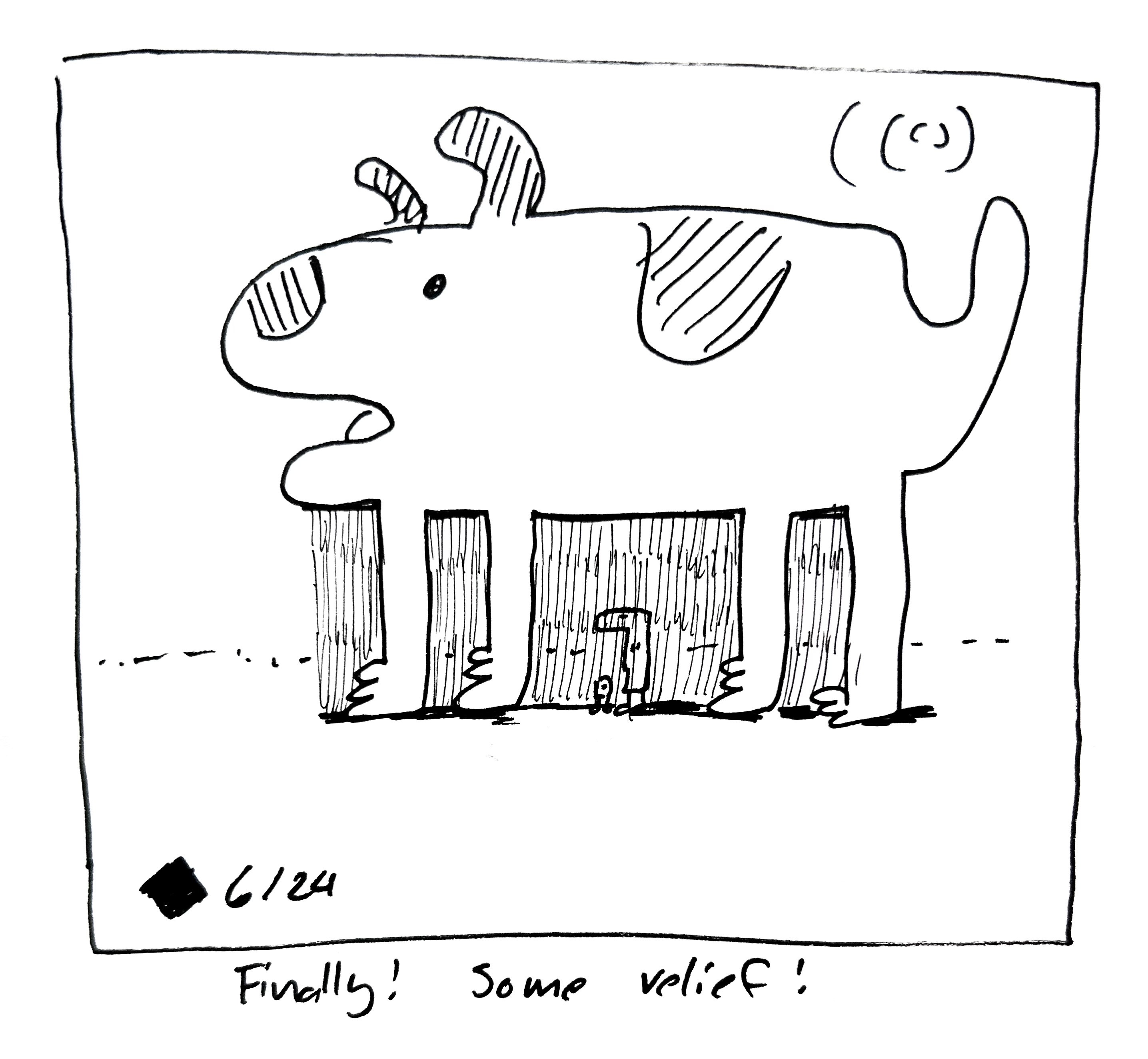 The little guy and tall one shelter from the sun underneath the very good dog. The caption reads "finally! Some relief!"