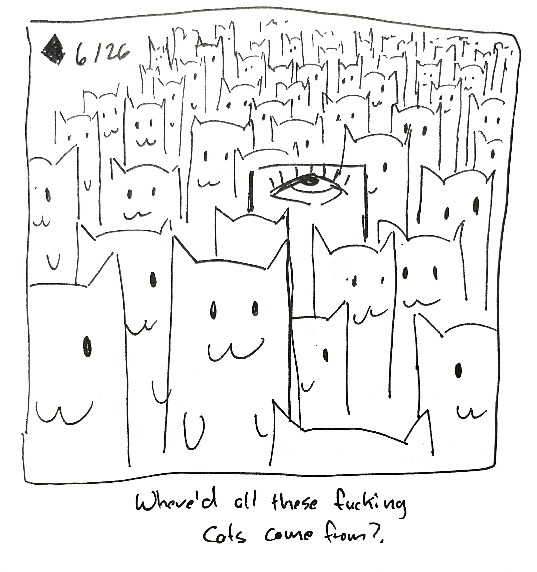 The little guy is awash in cats. The caption reads "where'd all these fucking cats come from?"