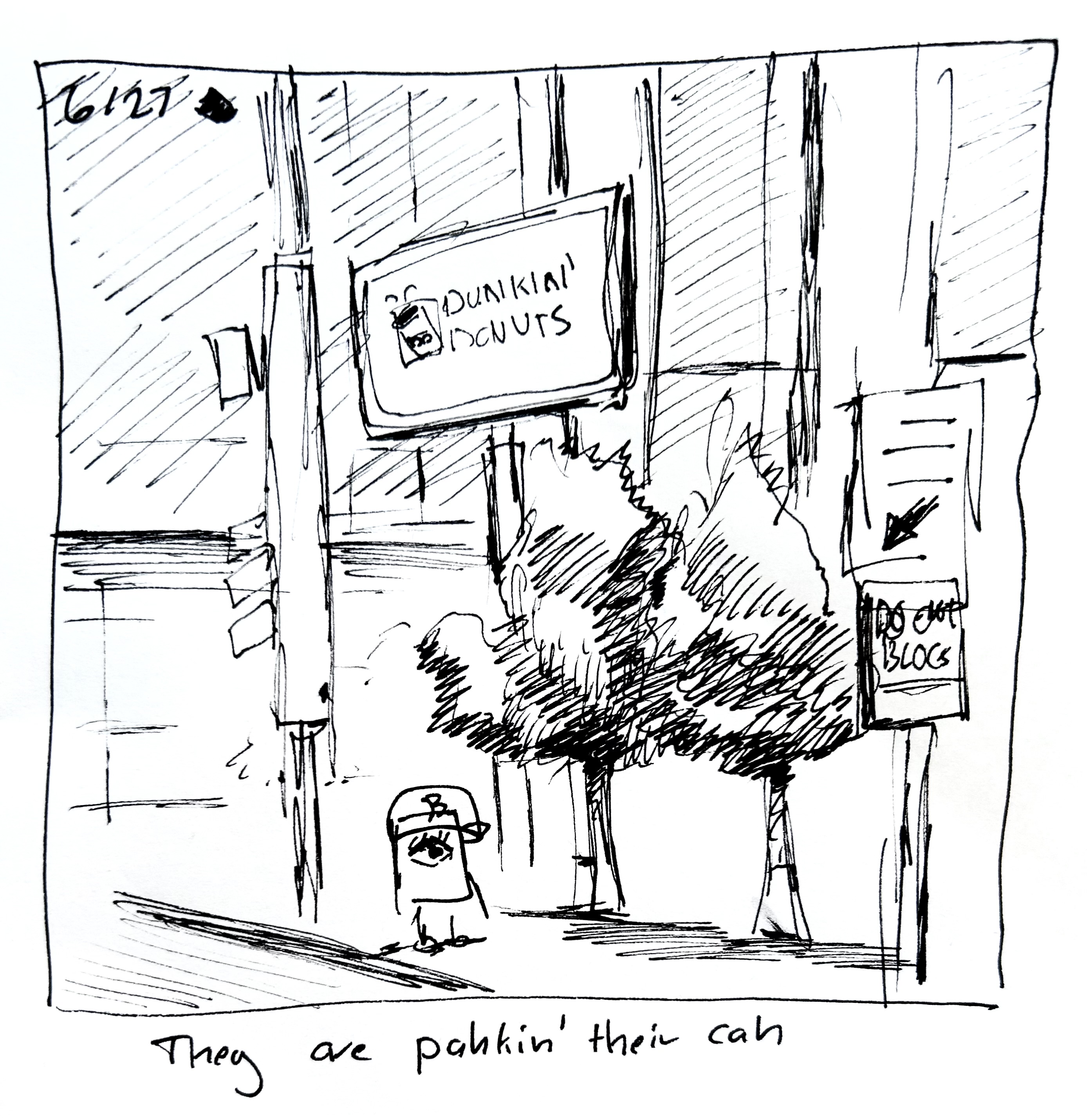 The little guy wears a Red Sox hat and stands in front of a Dunkin' Donuts sign. The caption reads "they are pahkin their cah"