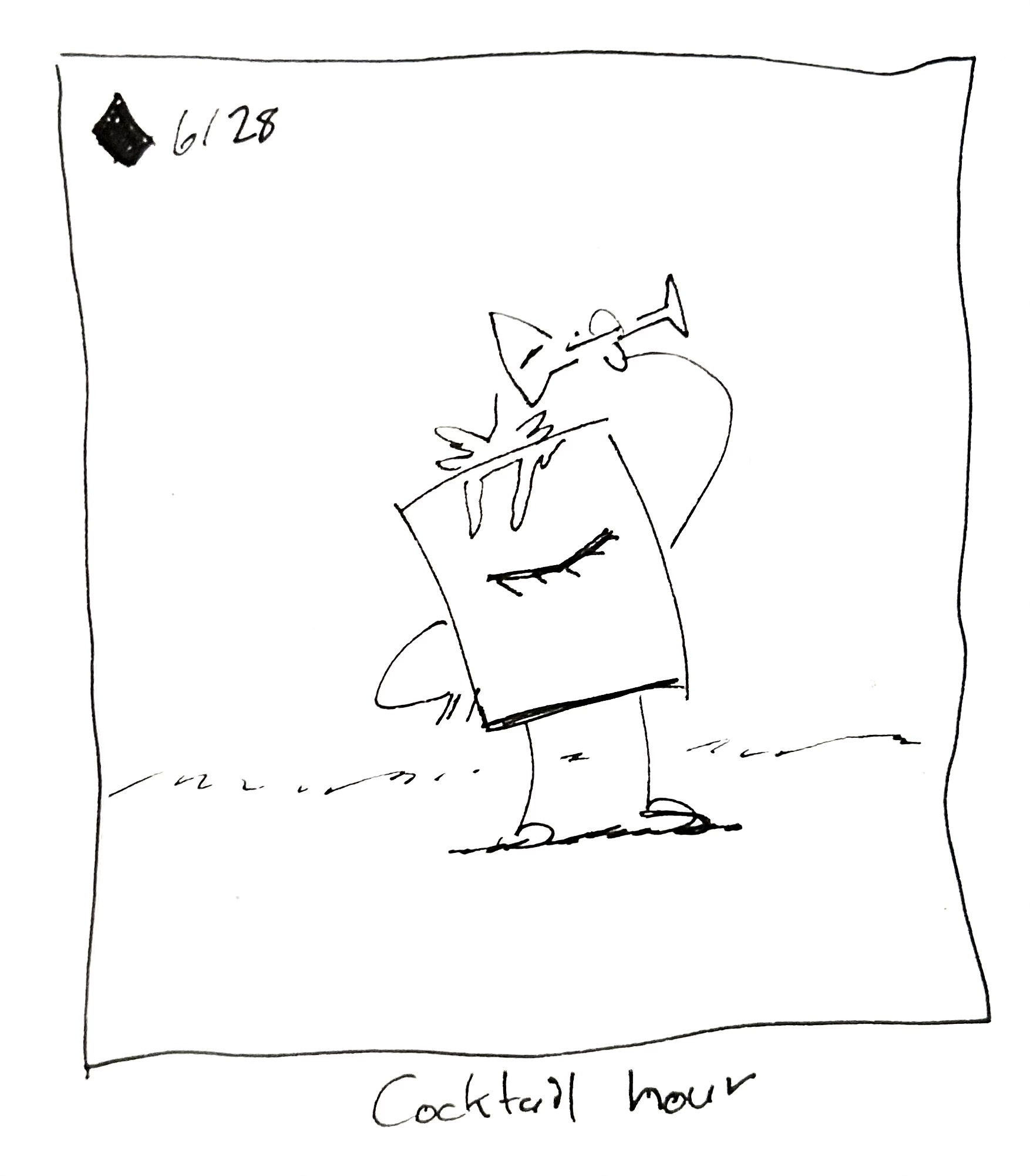 The little guy pours a cocktail on their head. The caption reads "cocktail hour"