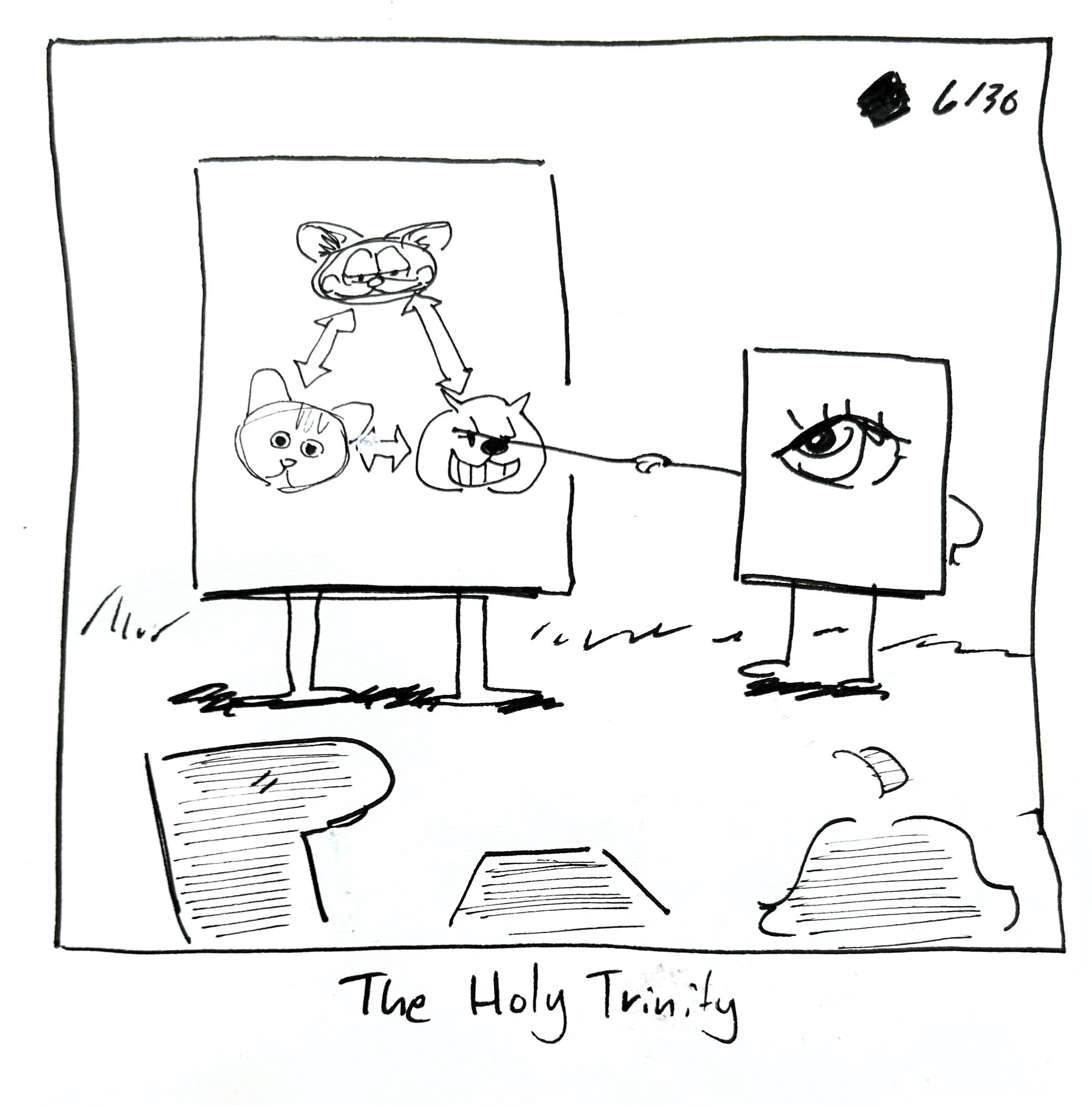 The little guy points to a chart with arrows directed at Garfield, Heathcliff's, and What's Michael, as the tall one, the warrior, and the mercenary look on. The caption reads "the holy trinity"