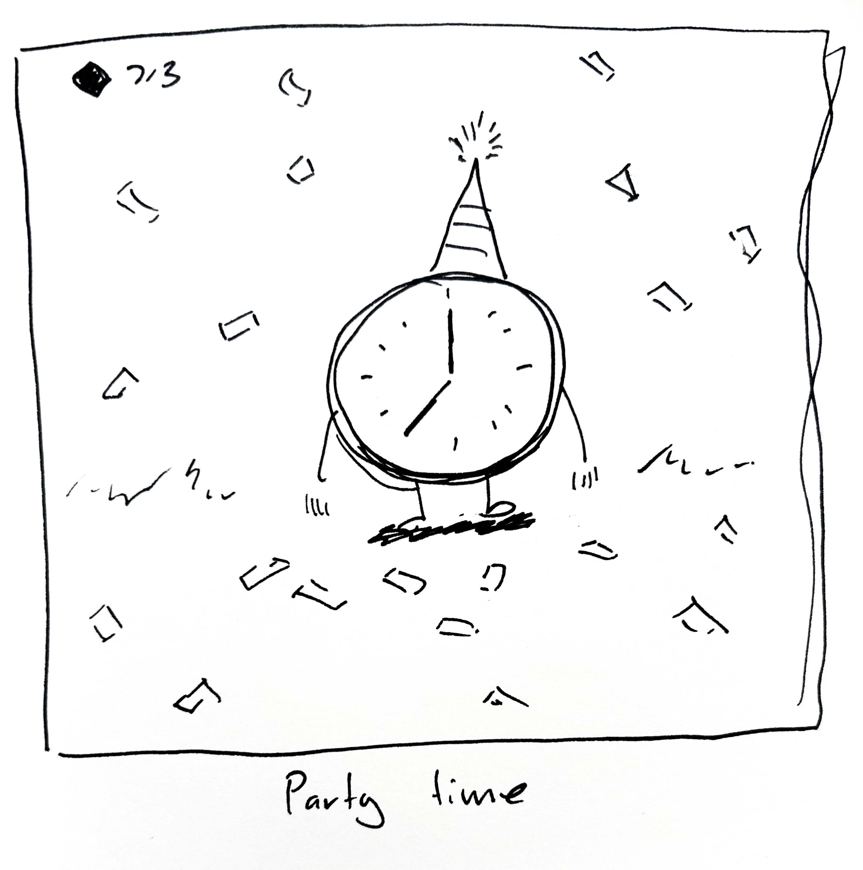 Time wearing a party hat and surrounded by confetti. The caption reads "party time"