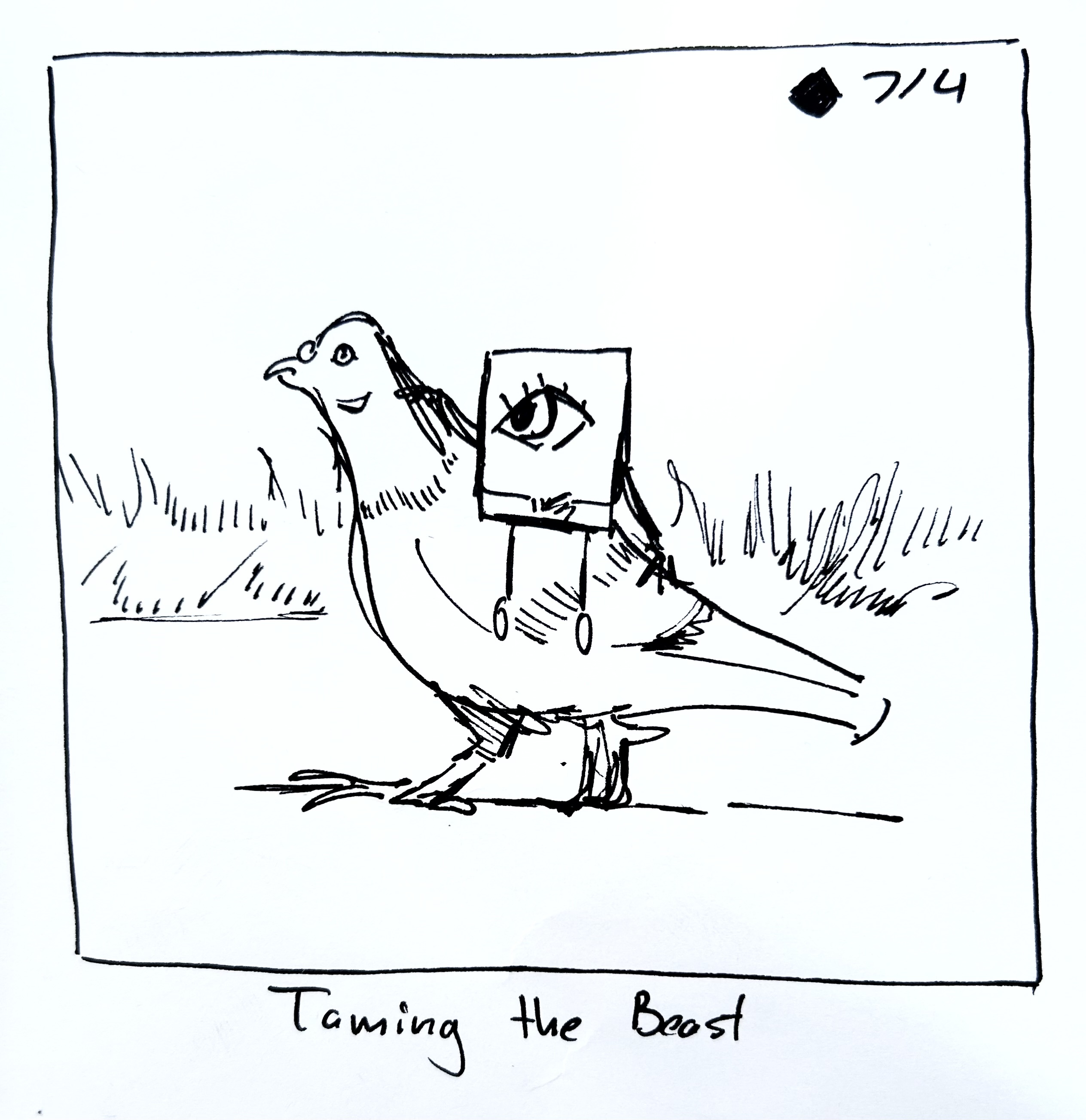 The little guy rides a pigeon. The caption reads "Taming the Beast"