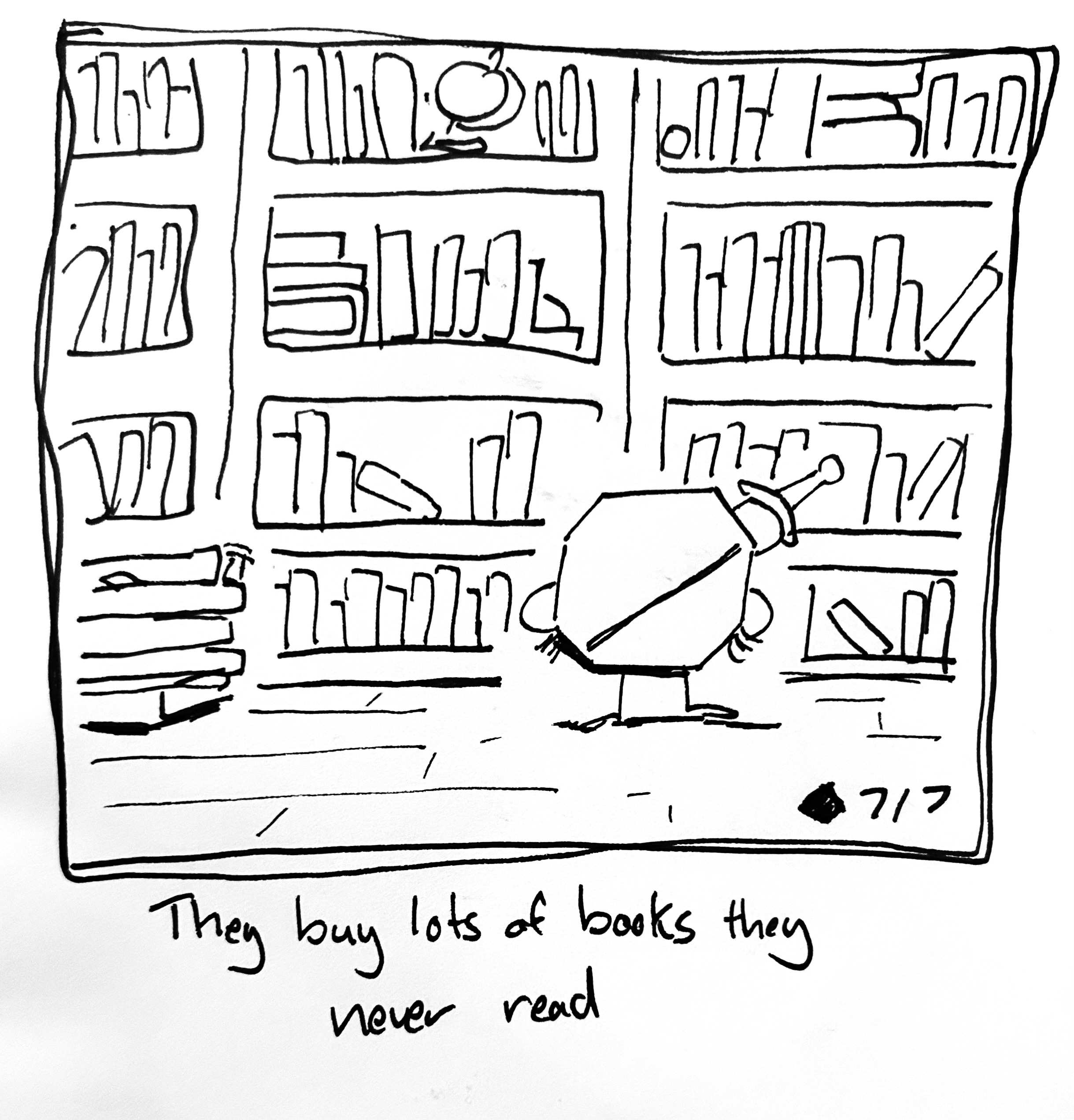 The Warrior stands proudly in front of a packed bookshelf. The caption reads "they buy lots of books they never read"
