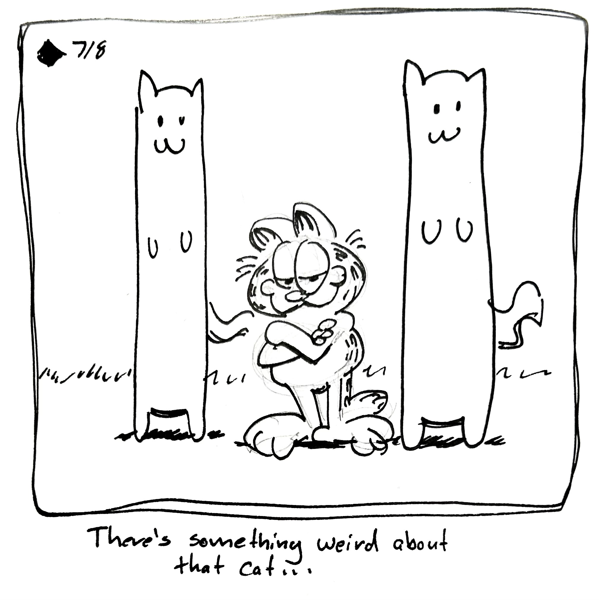 Garfield sits between two other cats. The caption reads "there's something weird about that cat…"