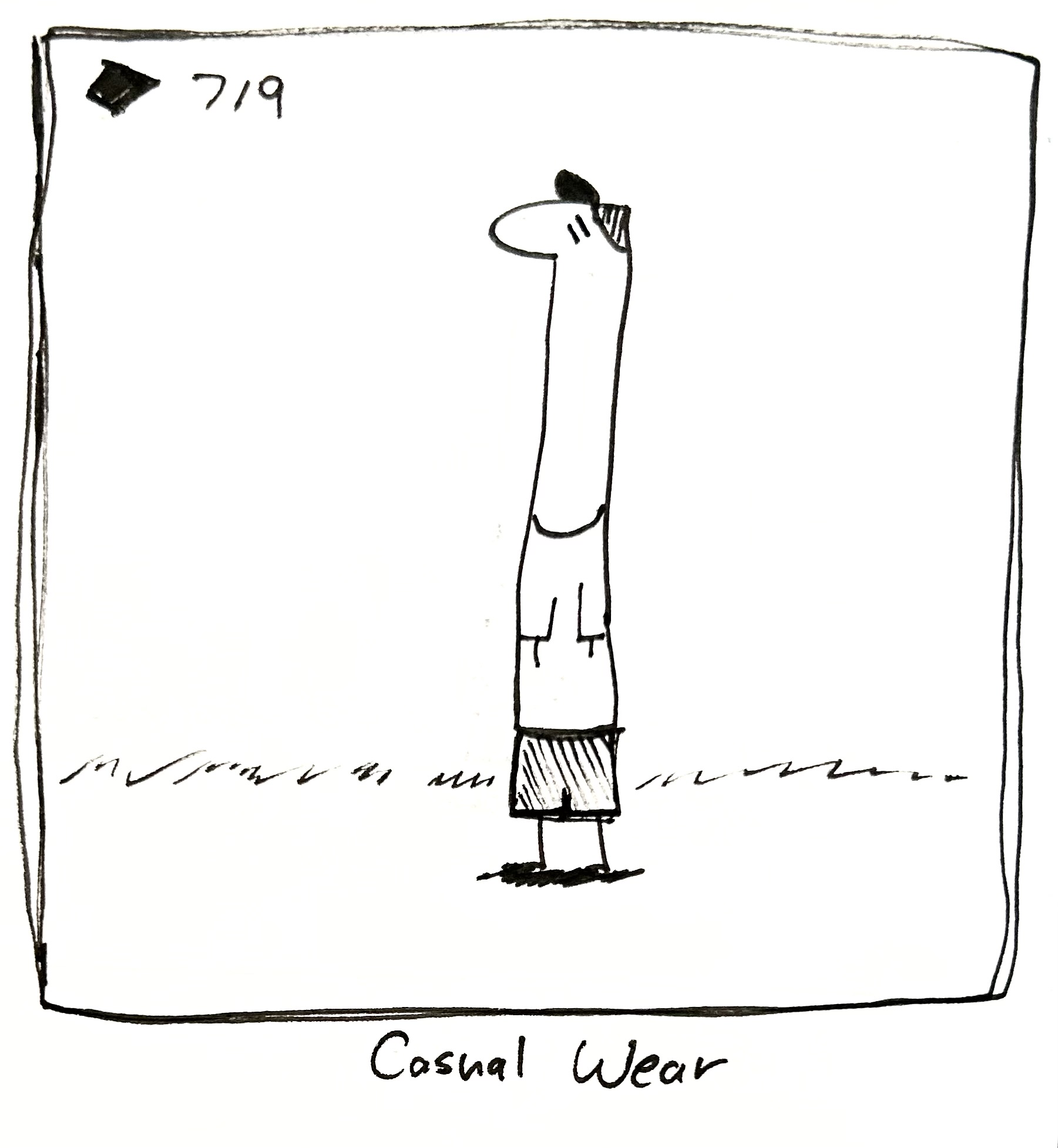 The Tall One wears a baseball cap, a t shirt, and some shorts. The caption reads "Casual Wear"